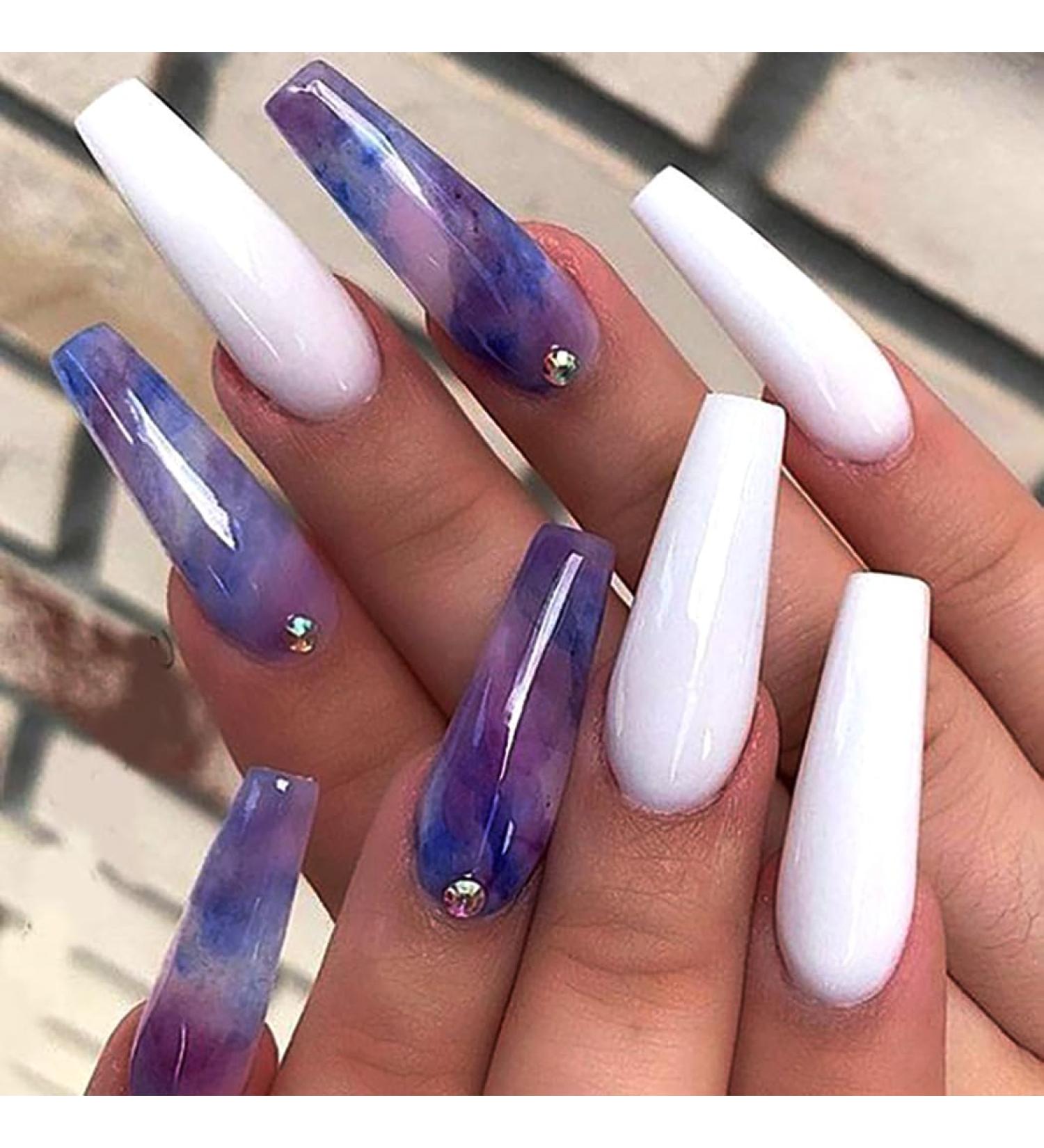 Brishow Artificial Long Press-On Ballerina Nails - 24pcs Purple & White Acrylic Stick-On Nails for Women & Girls - Full Cover Hair Coloring - Buy Online on SooperMarket.com