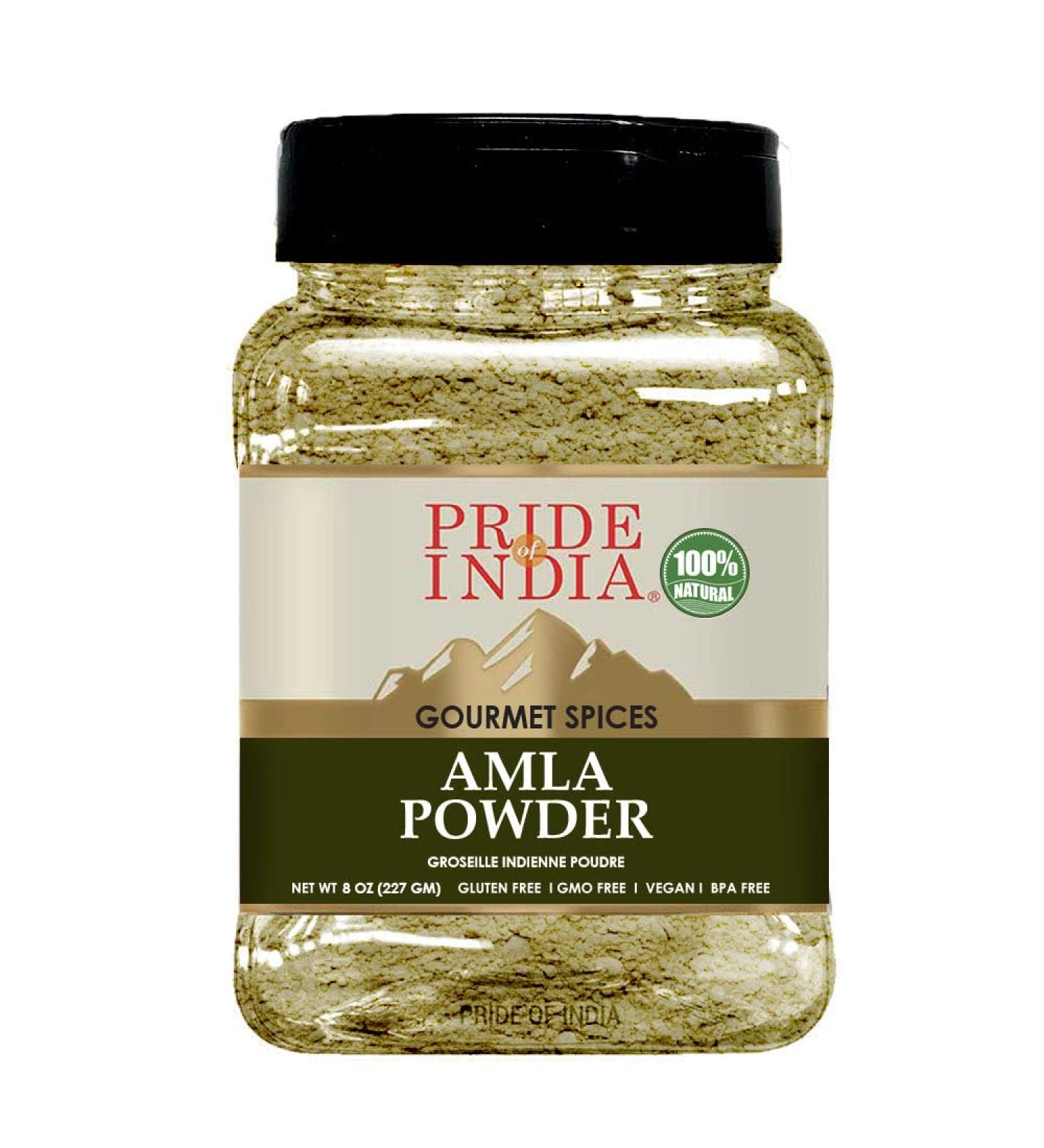 Pride of India Amla Powder 8 oz. Medium Dual Sifter Jar - Antioxidant Rich Gourmet Spice, Tangy & Savory - Pure Indian Gooseberry Ground, GMO/Gluten Free - Buy Online on SooperMarket.com