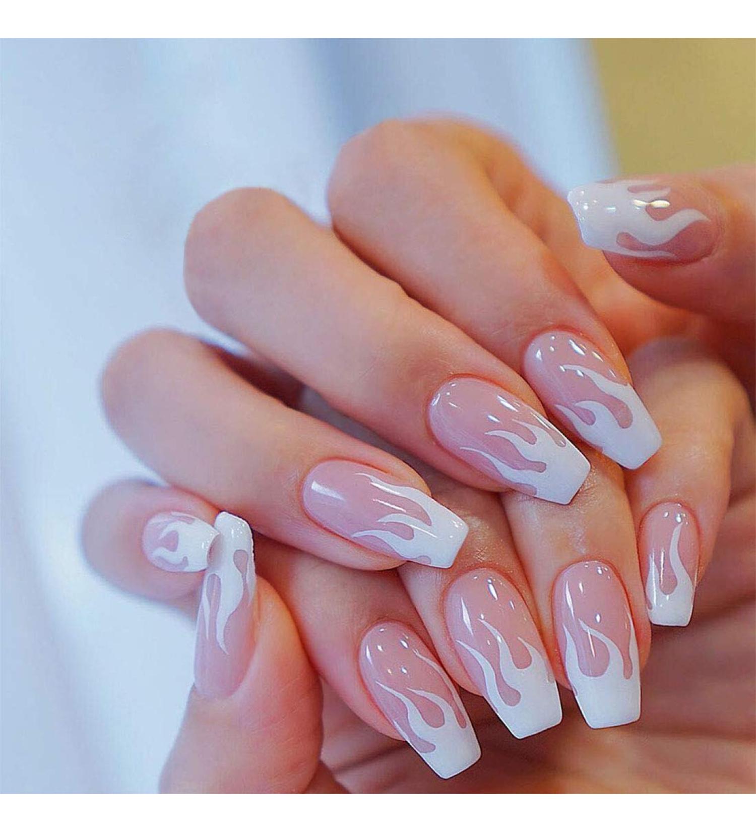 24PCs Flame Coffin Square Acrylic Press-On Nails | Pink Fire Glue-On Fingernails for Women & Girls | DIY Manicure Salon - Buy Online on SooperMarket.com