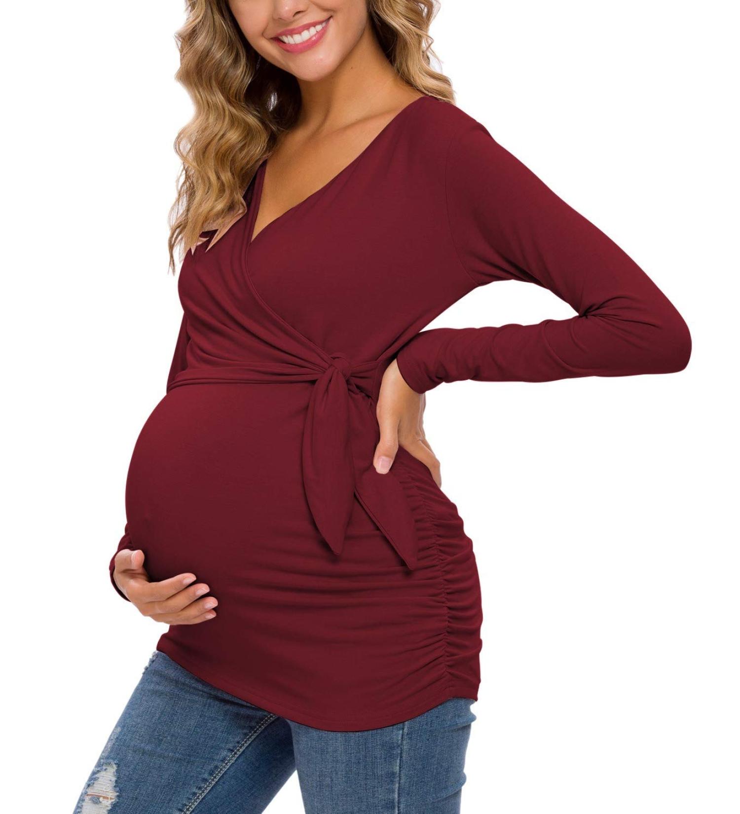 Love2Mi Maternity Nursing Top - Long Sleeve V-Neck Maternity Clothes in Wine Red - Buy Online on SooperMarket.com