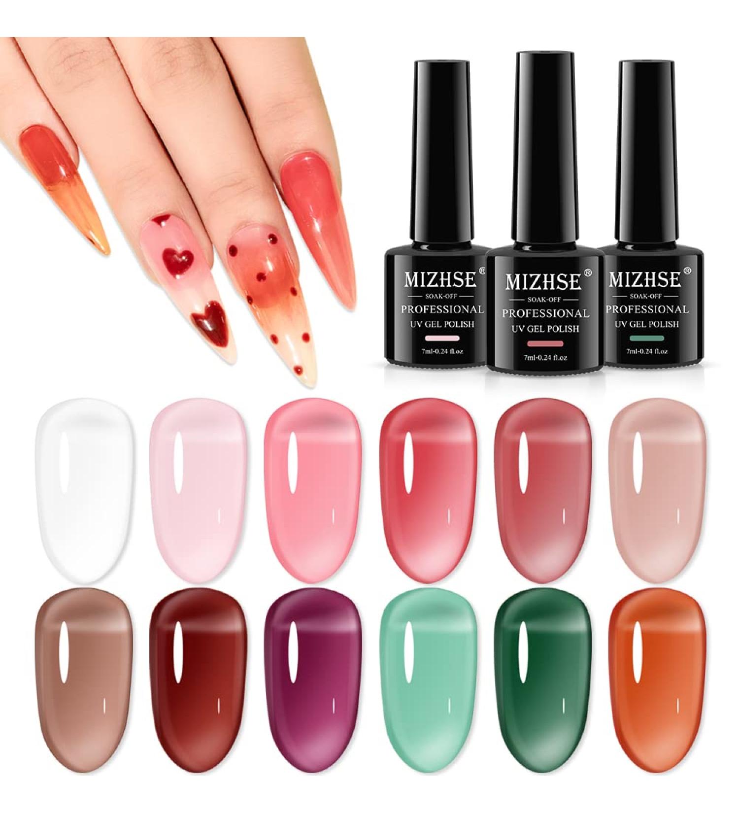MIZHSE 12 Pcs Jelly Gel Nail Polish Kit - Clear Translucent Summer Gel Polish Set for Sheer Manicure - UV LED Soak Off Varnish for Home Salon - Buy Online on SooperMarket.com