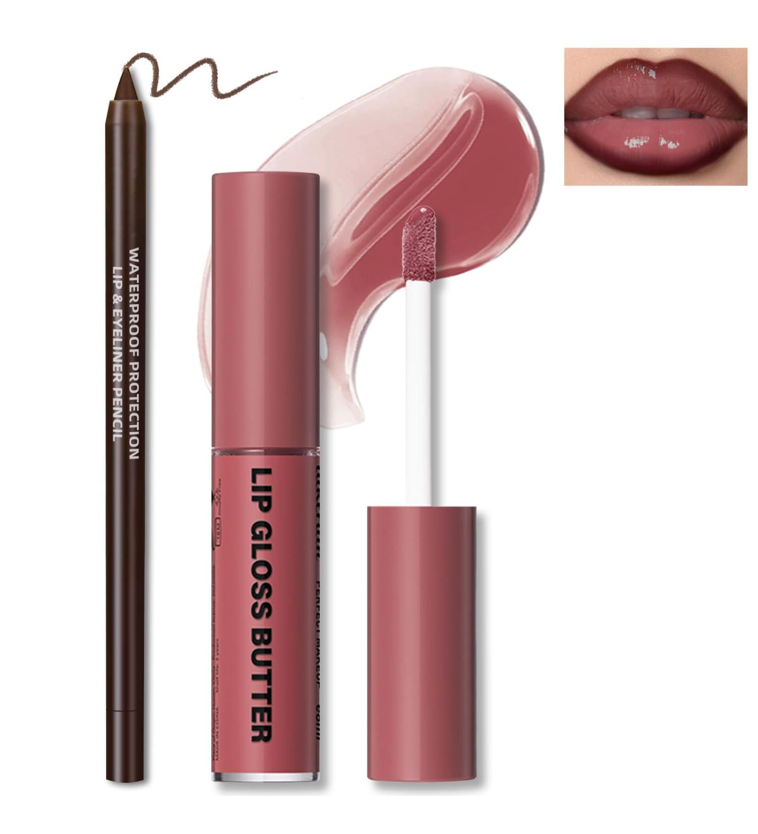 Butter Gloss Moisturizing Lip Combo - High Shine Plumping Gloss & Brown Lip Liner Set - Non-Sticky Liquid Lipstick - Long Wear Makeup #12 - 0.27 Fl Oz (Pack of 2) - Fresh & Lightweight - Buy Online on SooperMarket.com
