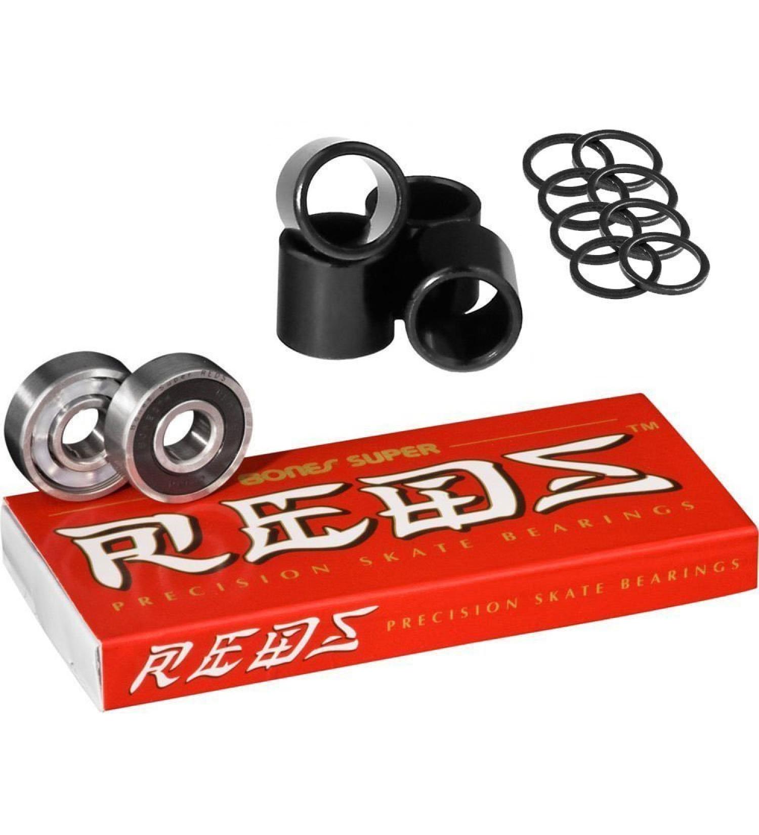 Bones Super Reds Bearings, 8 Pack set With FREE Bones Spacers & Speed Washers