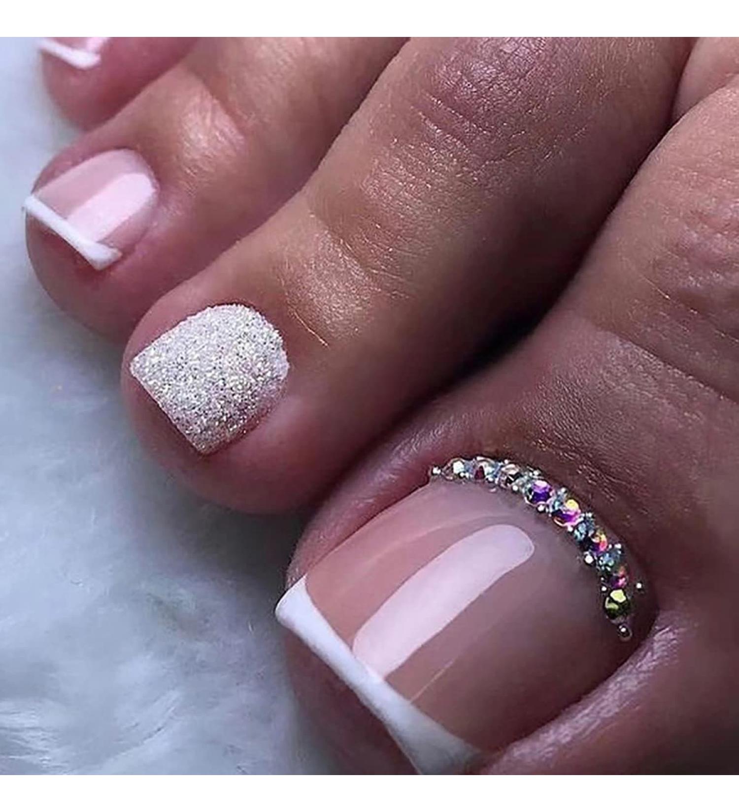 French Sparkling Rhinestone Fake Toe Nails Set - 24PCS Full Cover Short Square Press-on Toenails with Glue Sticker and File - Perfect for Women, Teens, and Girls - Buy Online on SooperMarket.com