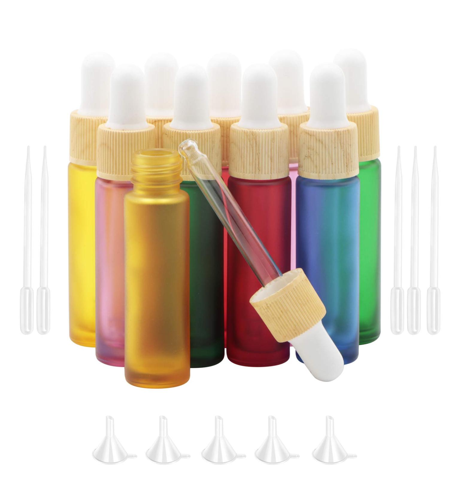 Rowiz 10PCS 10ml Matt Color Glass Dropper Bottles Perfume Aromatherapy Cosmetic Container Essential Oils Sample Bottles with Pure Dropper Sample Tubes&Wood Color Screw Cap 5 Colors - Buy Online on SooperMarket.com