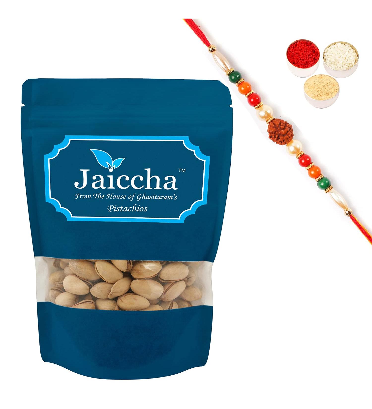 Jaiccha Ghasitaram Rakhi Gifts for Brothers Rakhi Dryfruits - Afgani Pistachios 200 GMS in White Paper Pouch with Rudraksh Rakhi - Buy Online on SooperMarket.com