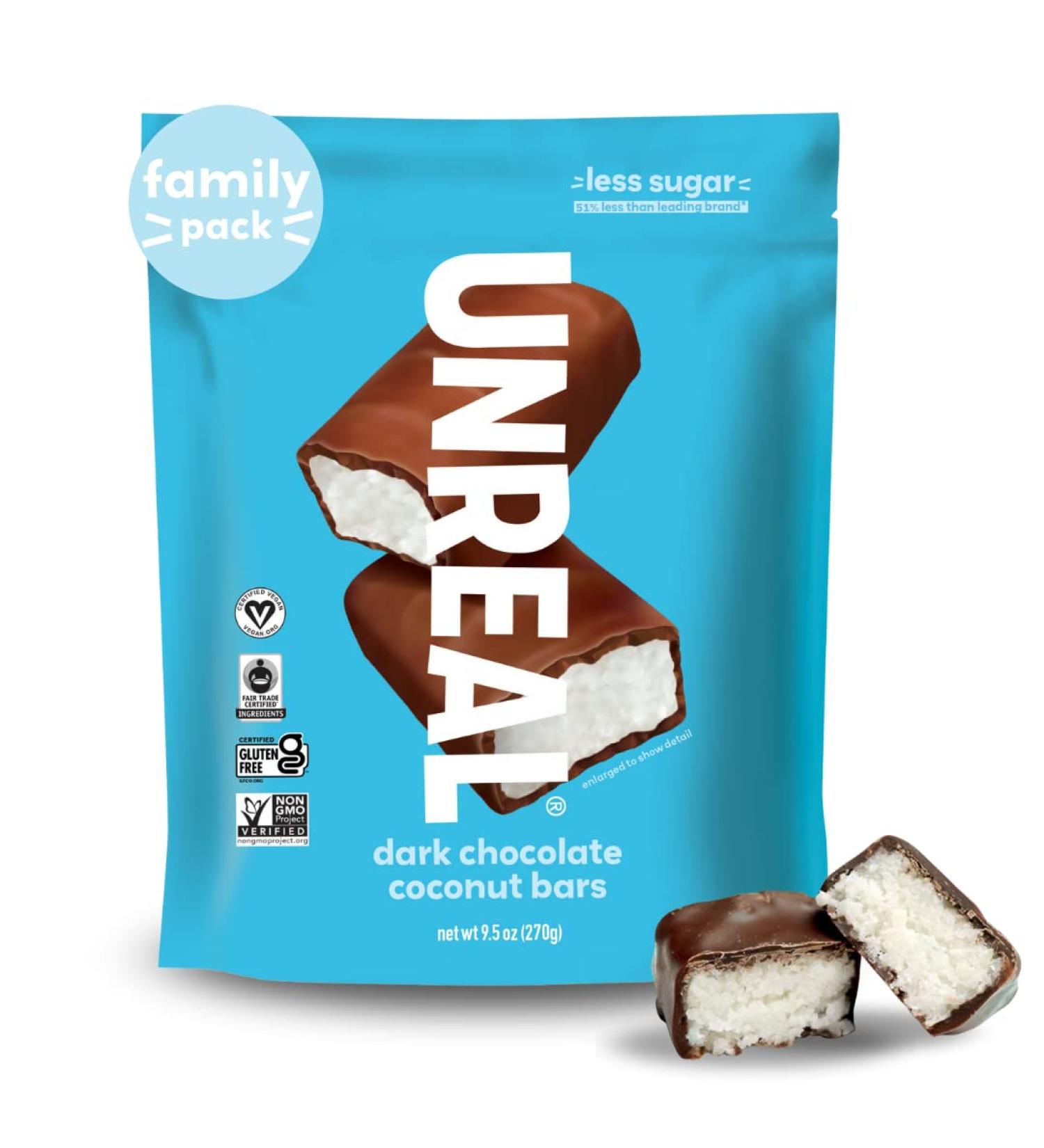 UNREAL Dark Chocolate Coconut Bars - 3g Sugar, Vegan, Gluten Free, Non-GMO - Family Pack 9.5oz (1 Pack) - Buy Online on SooperMarket.com