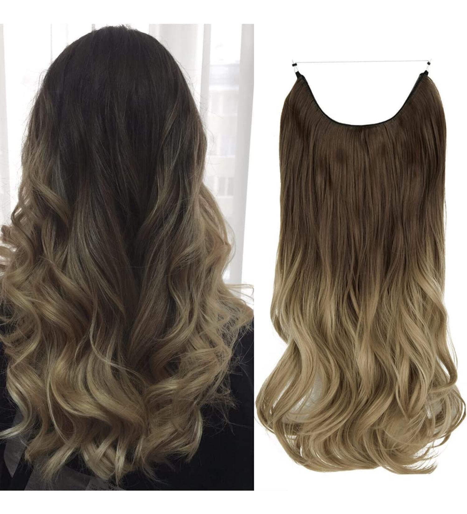 OMGREAET Brown Ombre Wavy Curly Halo Hair Extensions - Light Brown to Light Blonde - 20 Inch - Heat Friendly Fiber - No Clip - Buy Online on SooperMarket.com