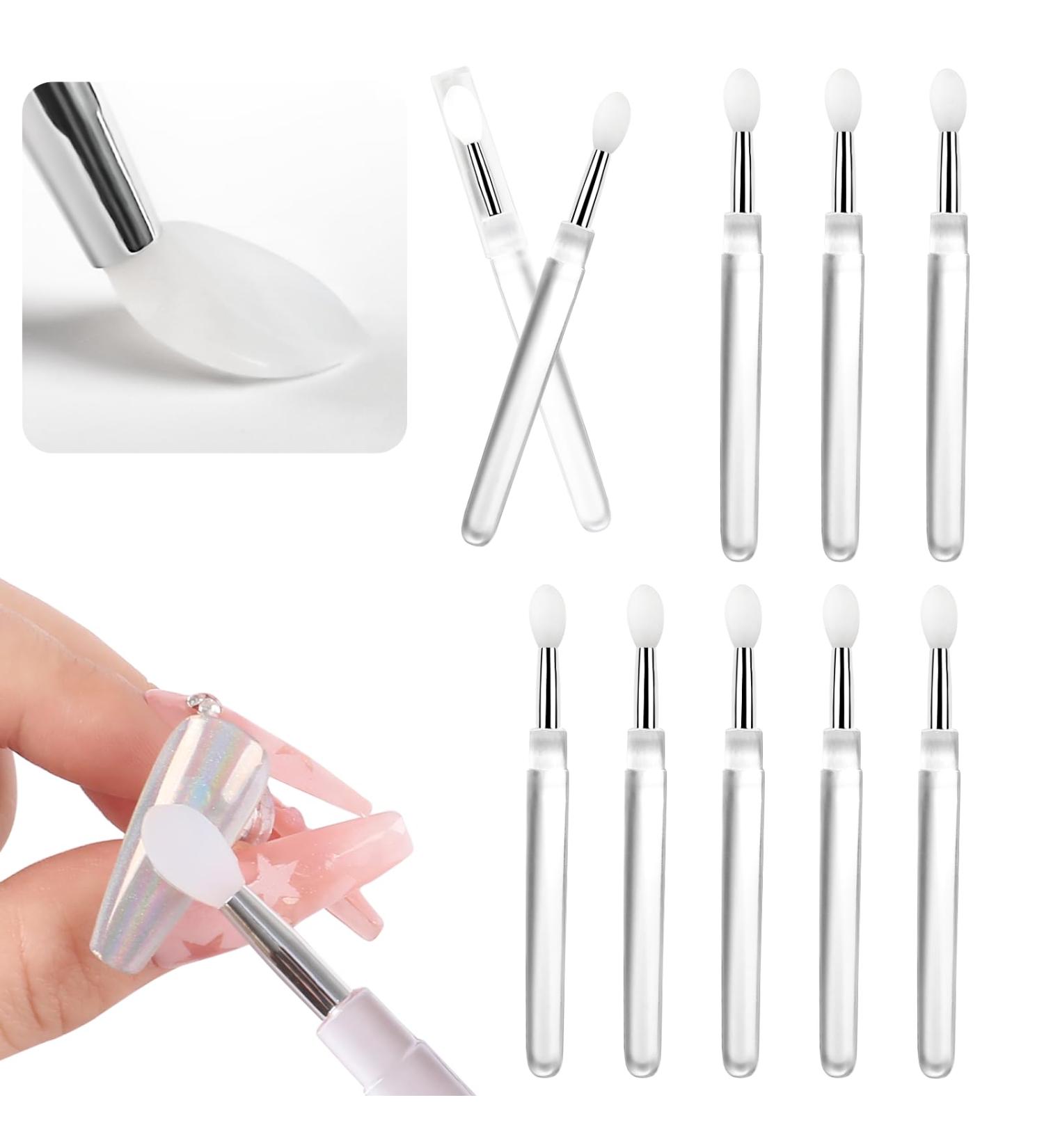 Silicone Nail Powder Applicator Brush Set - 10 Pcs Reusable Lip & Nail Art Brushes for Holographic Chrome Glitter Mirror Finish Makeup - White - Buy Online on SooperMarket.com