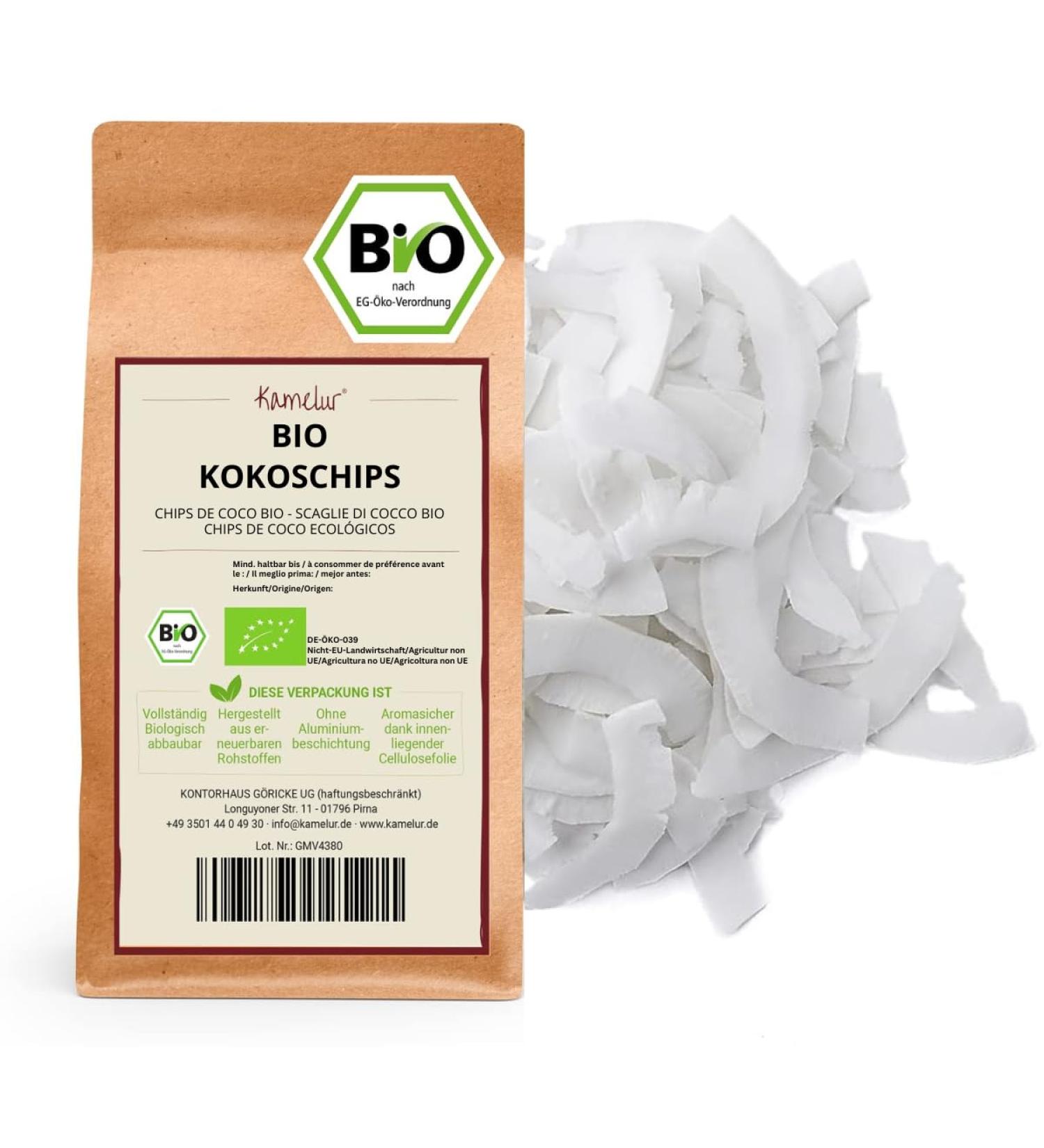Camelur 1kg Organic Bio Coconut Chips - Raw & Unsweetened Perfect for Porridge Topping - Additive-Free Eco-Friendly Packaging - Buy Online on SooperMarket.com