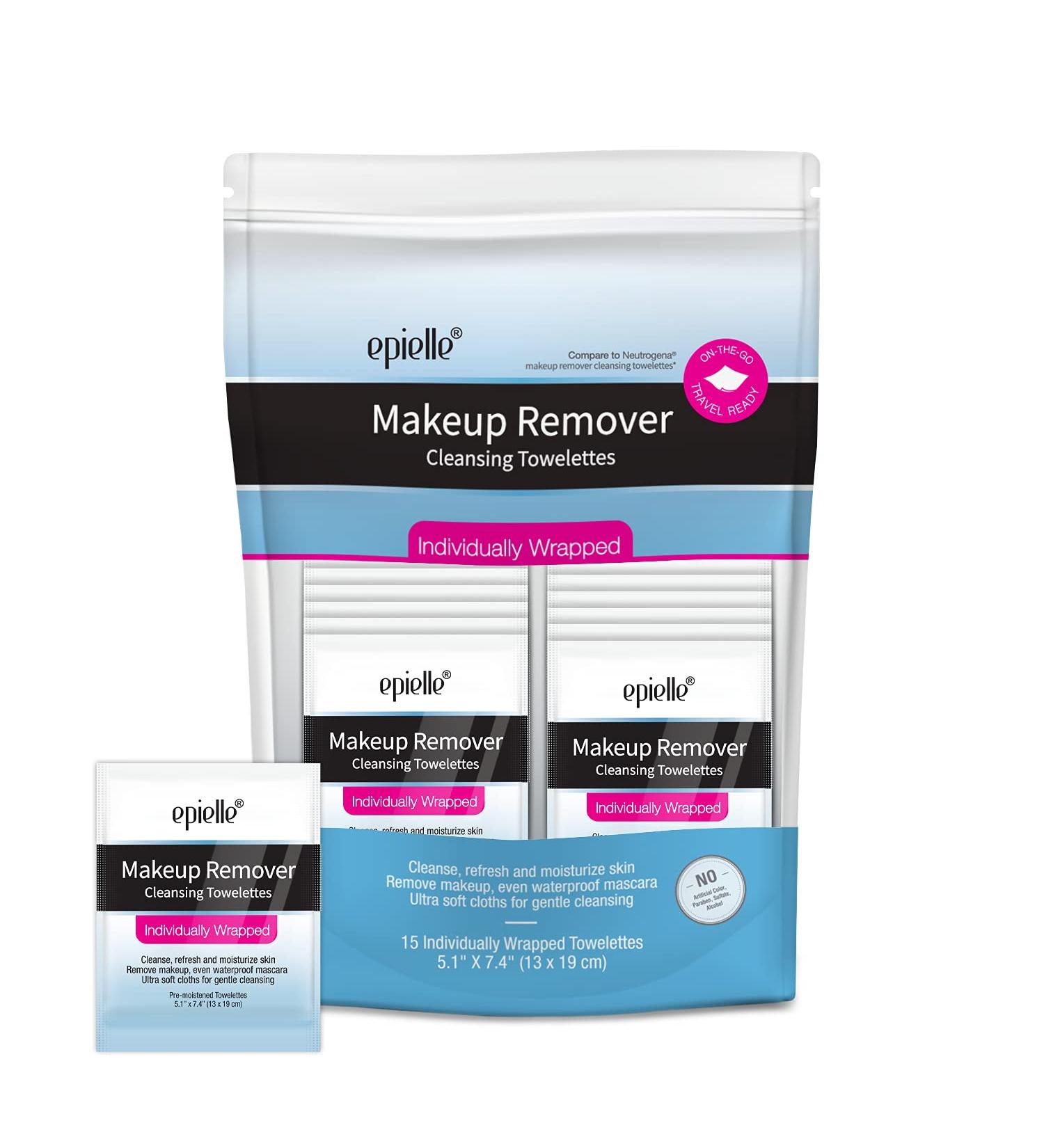 Epielle Makeup Remover Cleansing Towelettes - 15 Individual Wipes for Oil, Makeup & Waterproof Mascara Removal | Alcohol-Free, Paraben-Free, Cruelty-Free | Ideal for Travel & Gym - Buy Online on SooperMarket.com