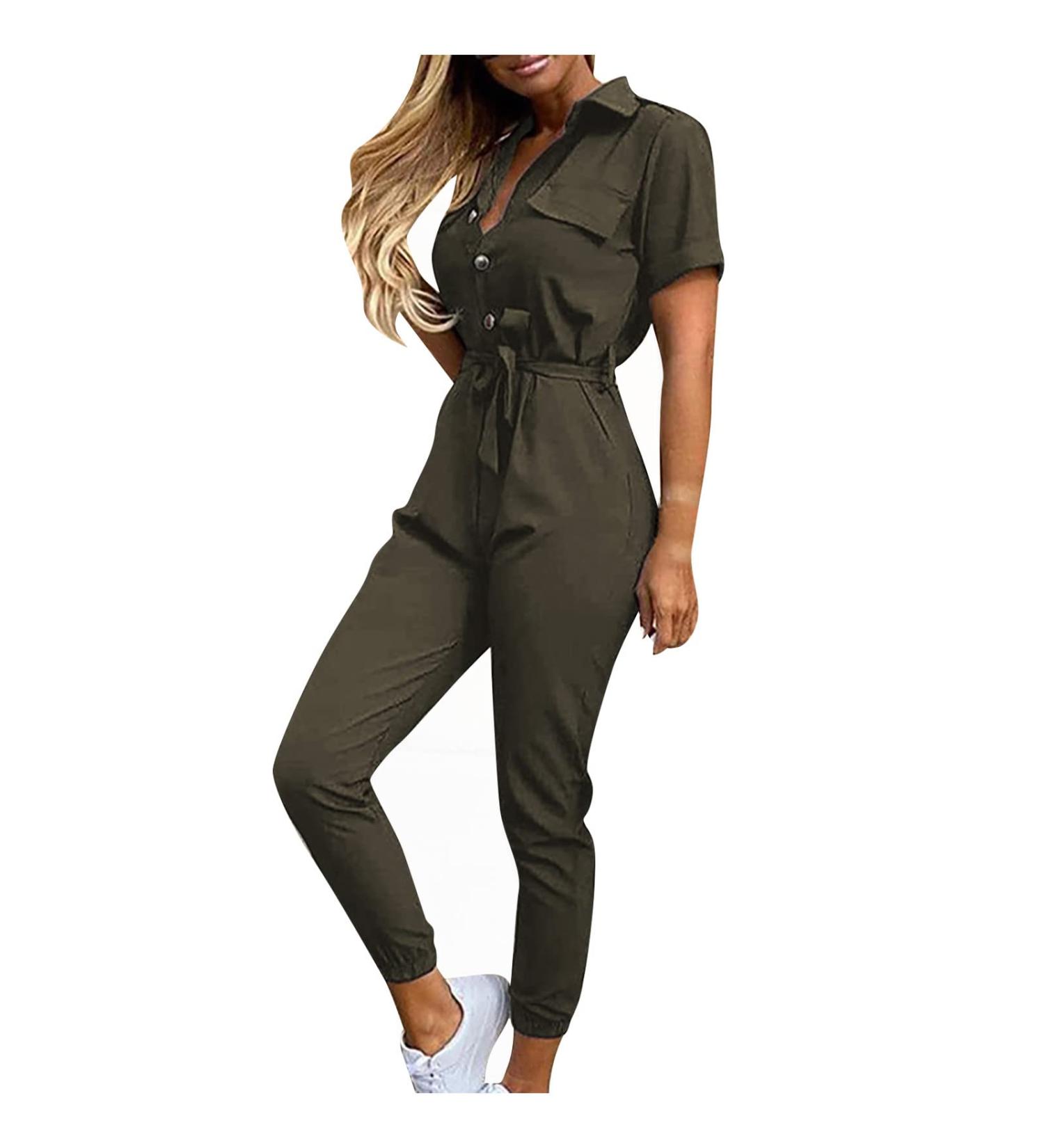 Mimacoo Green Overall Jumpsuit Set for Women - Short Sleeve Shirts and Long Pants Outfit - Size Large - Buy Online on SooperMarket.com