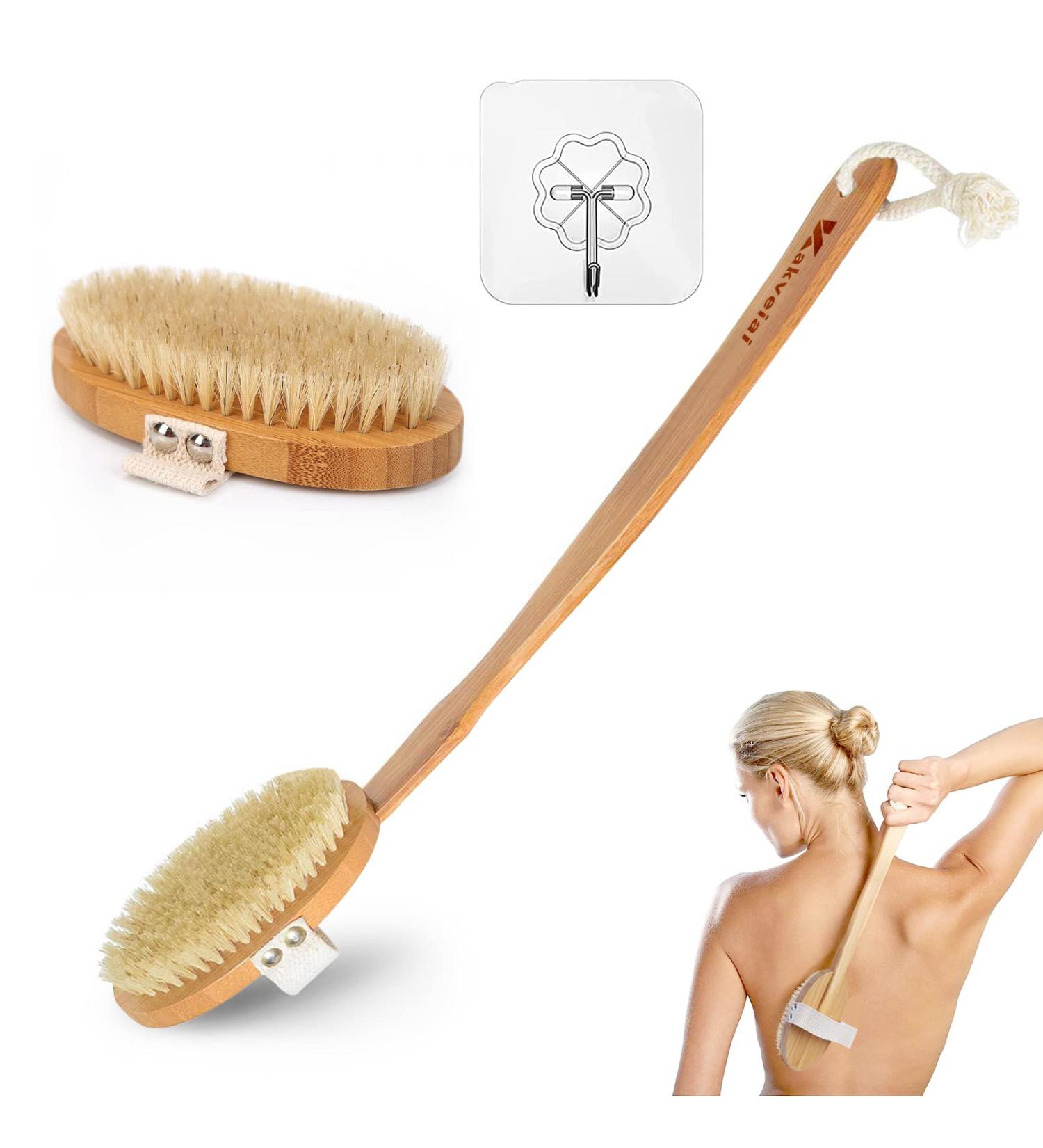 Natural Bristle Bathing Brush with Long Handle - Removable Back Brush & Dual Brush Heads for Effective Shower Scrubbing - Buy Online on SooperMarket.com