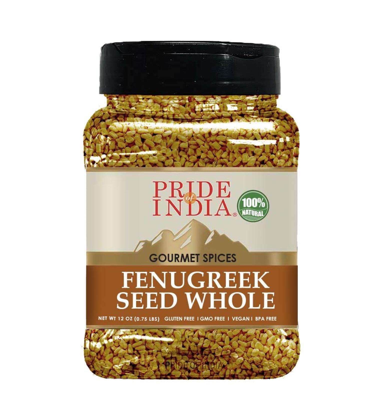 Pride of India  Fenugreek Seed Whole  Whole & Gourmet Indian Spice  Ideal Seasoning for Cooking  Free of Preservatives  Easy to Use  12 oz. Medium Dual Sifter Jar Organic Fenugreek Seed Whole 1.12 Pound (Pack of 1)