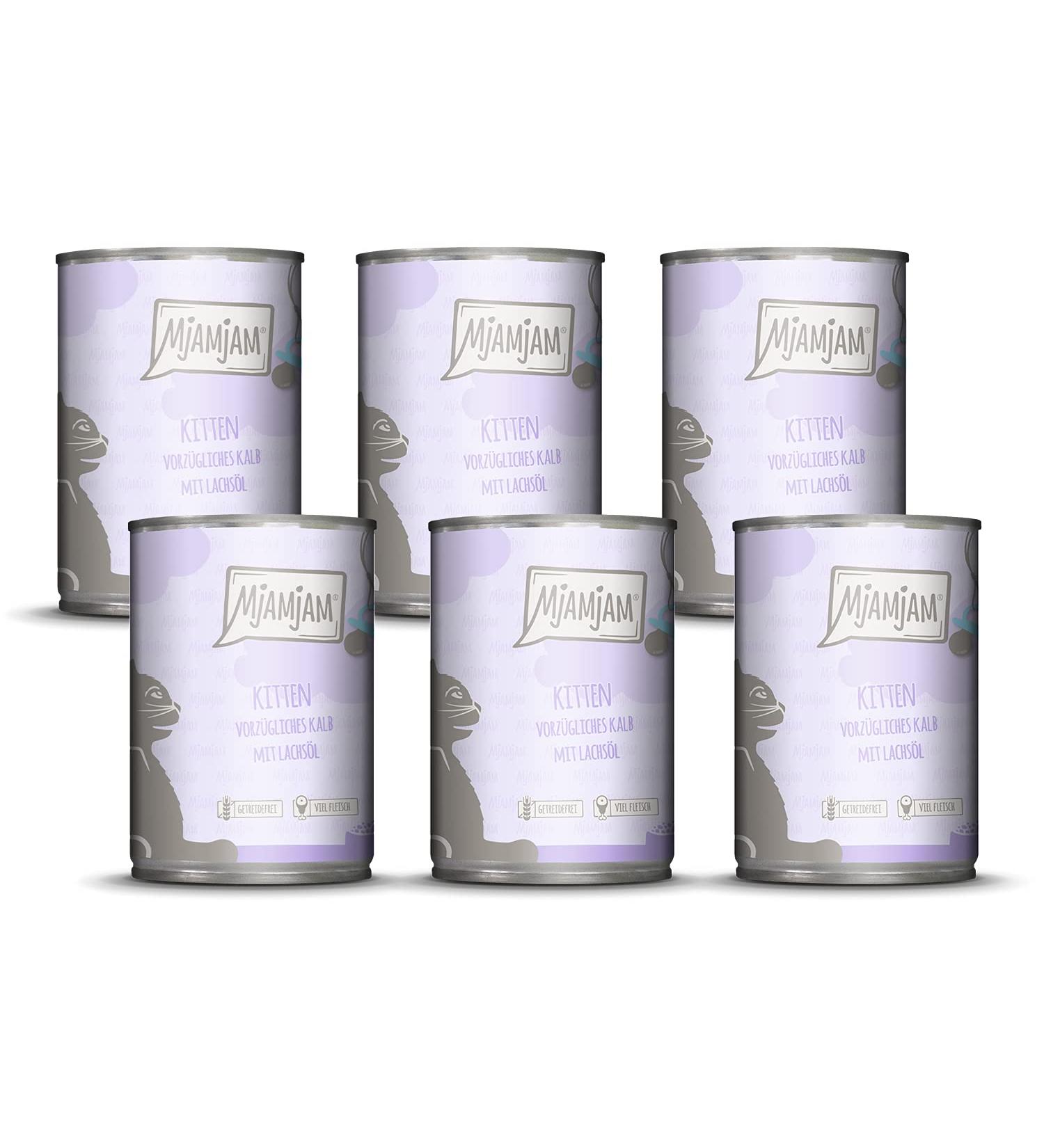 Mjamjam Premium Wet Cat Food - Grain-Free Kitten Excellent Calf with Salmon Oil 6-Pack (6 x 400g) | Extra Meat Formula - Buy Online on SooperMarket.com