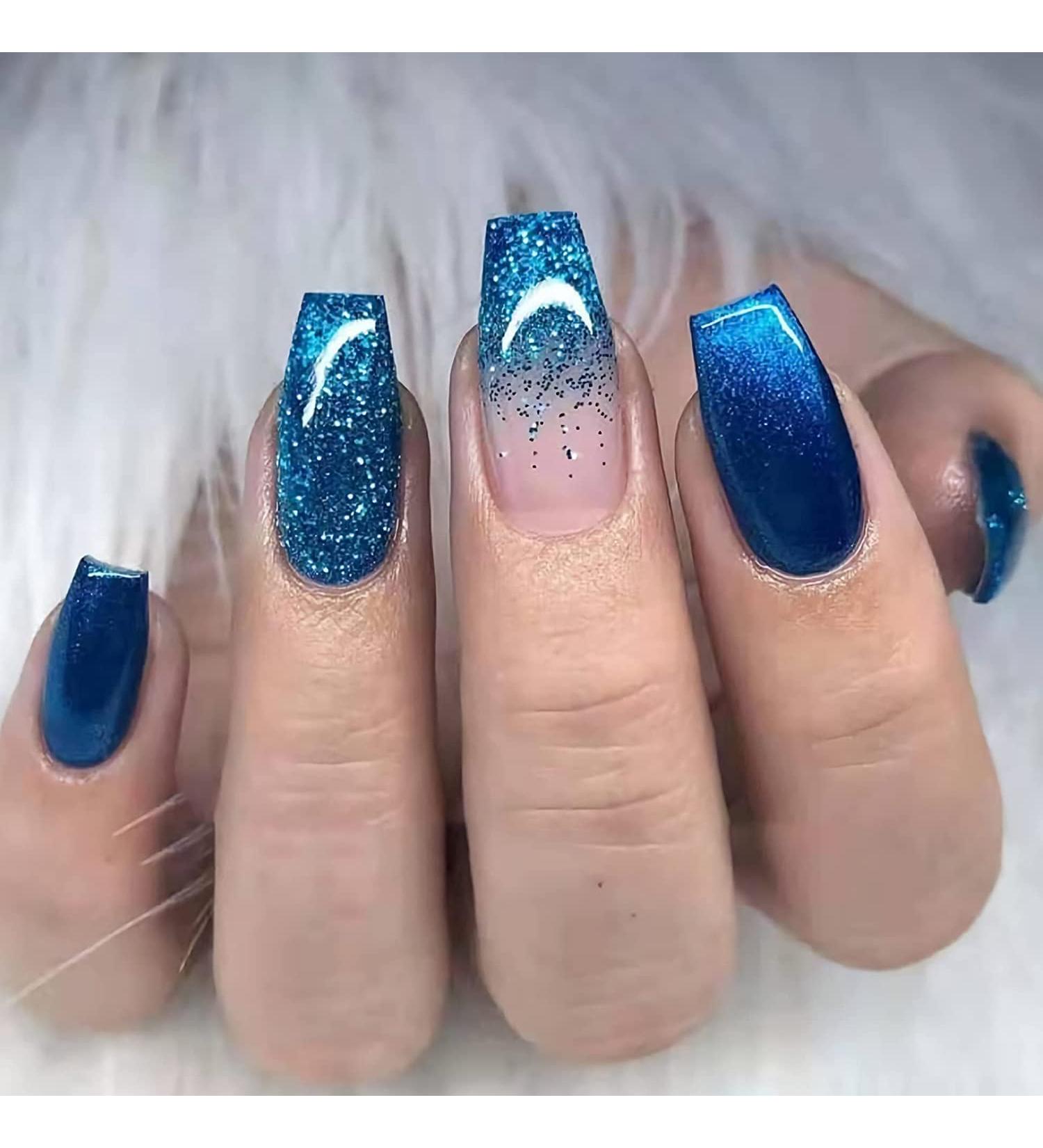 Luvadeyo 24 PCs Blue Gradient Coffin Press on Nails | Glitter Artificial False Nails for Women & Girls | Double-Sided Adhesive Tabs Included - Buy Online on SooperMarket.com