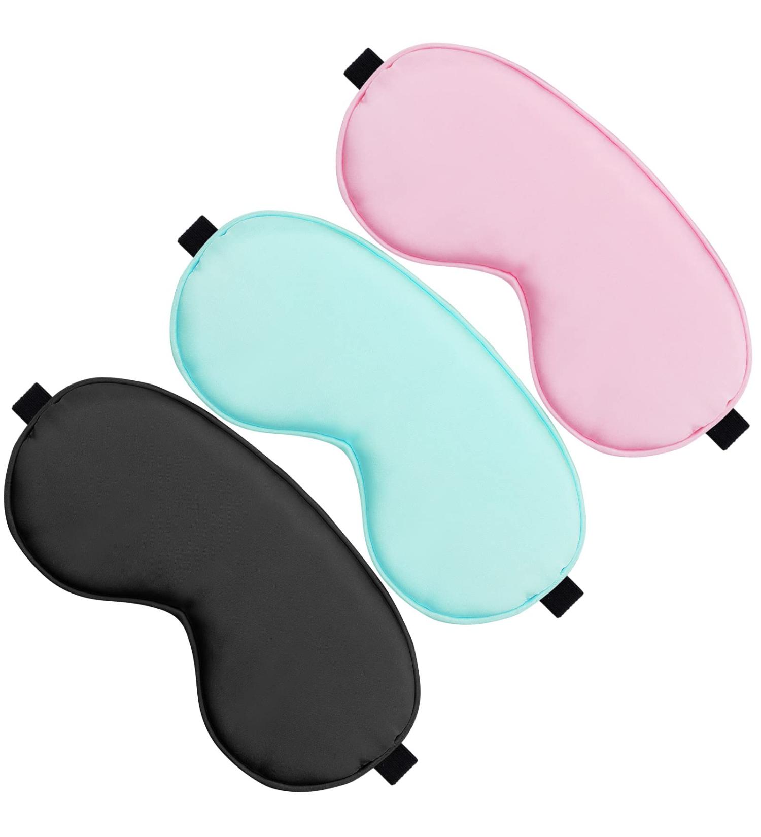 WLLHYF 3 Pcs Silk Sleep Mask Set - Soft Silk Eye Cover Blindfold with Elastic Strap - Night Blocking Out Light Eyeshade - Adjustable Travel Nap Sleep Eye Mask for Men and Women (Black Pink Blue) - Buy Online on SooperMarket.com