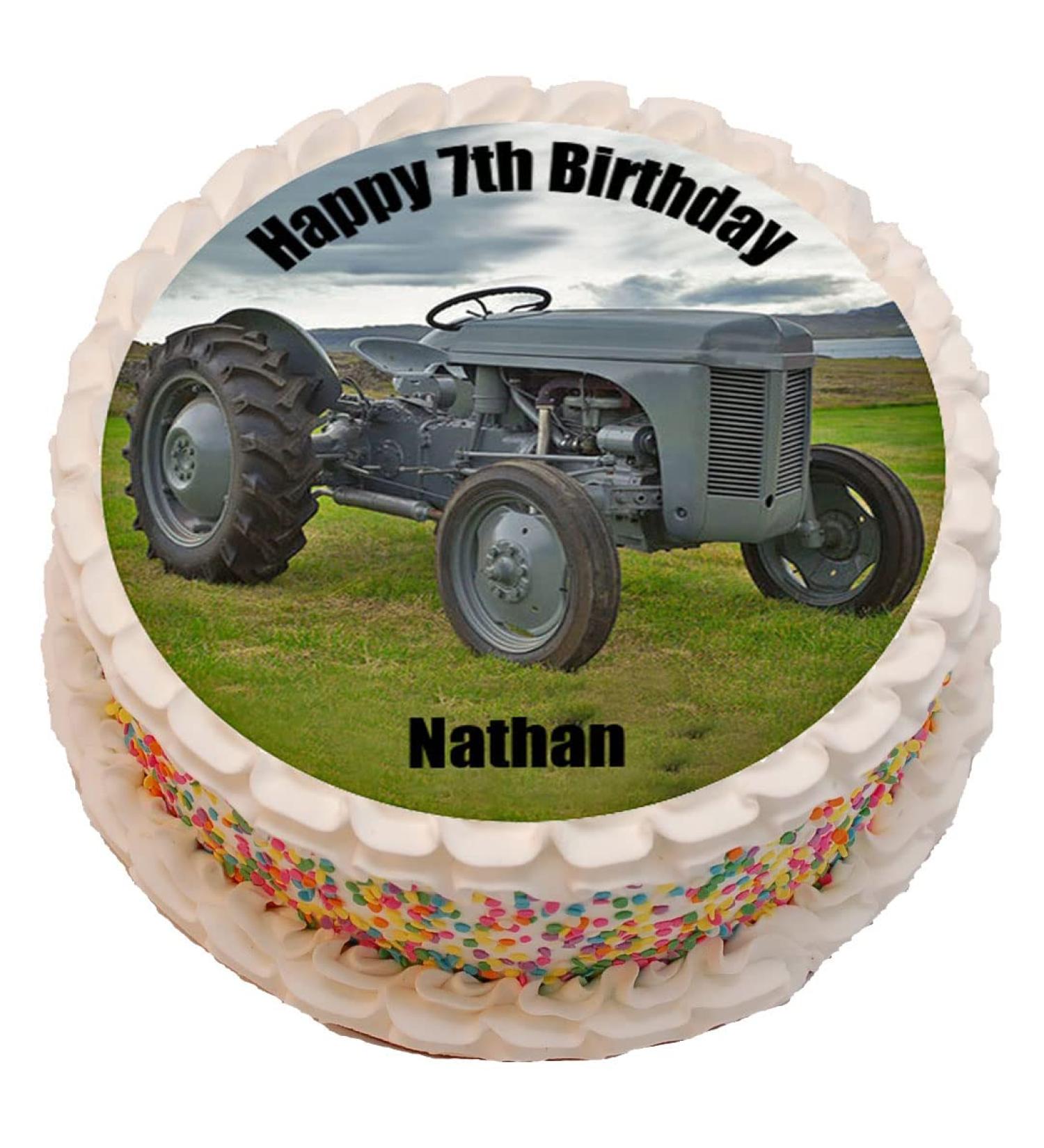 Grey Vintage Tractor Theme Personalised PRECUT Cake Topper 7.5 Inch Round Edible Icing Sheet Birthday Decoration