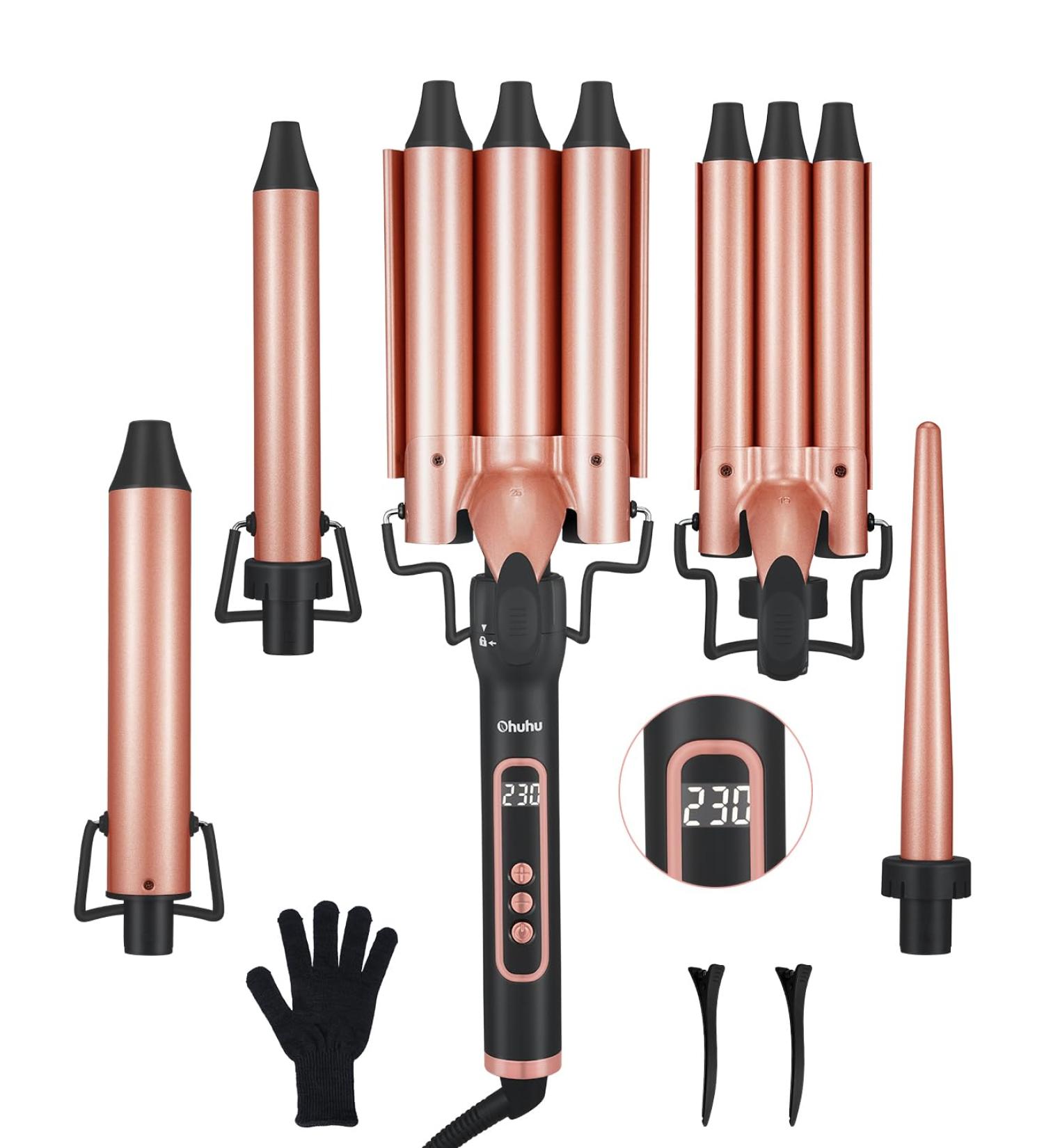 5 in 1 Curling Iron Set - Ohuhu Curling Wand with Interchangeable Ceramic Barrels LED Display & Heat Protective Glove for Perfect Curls - Buy Online on SooperMarket.com