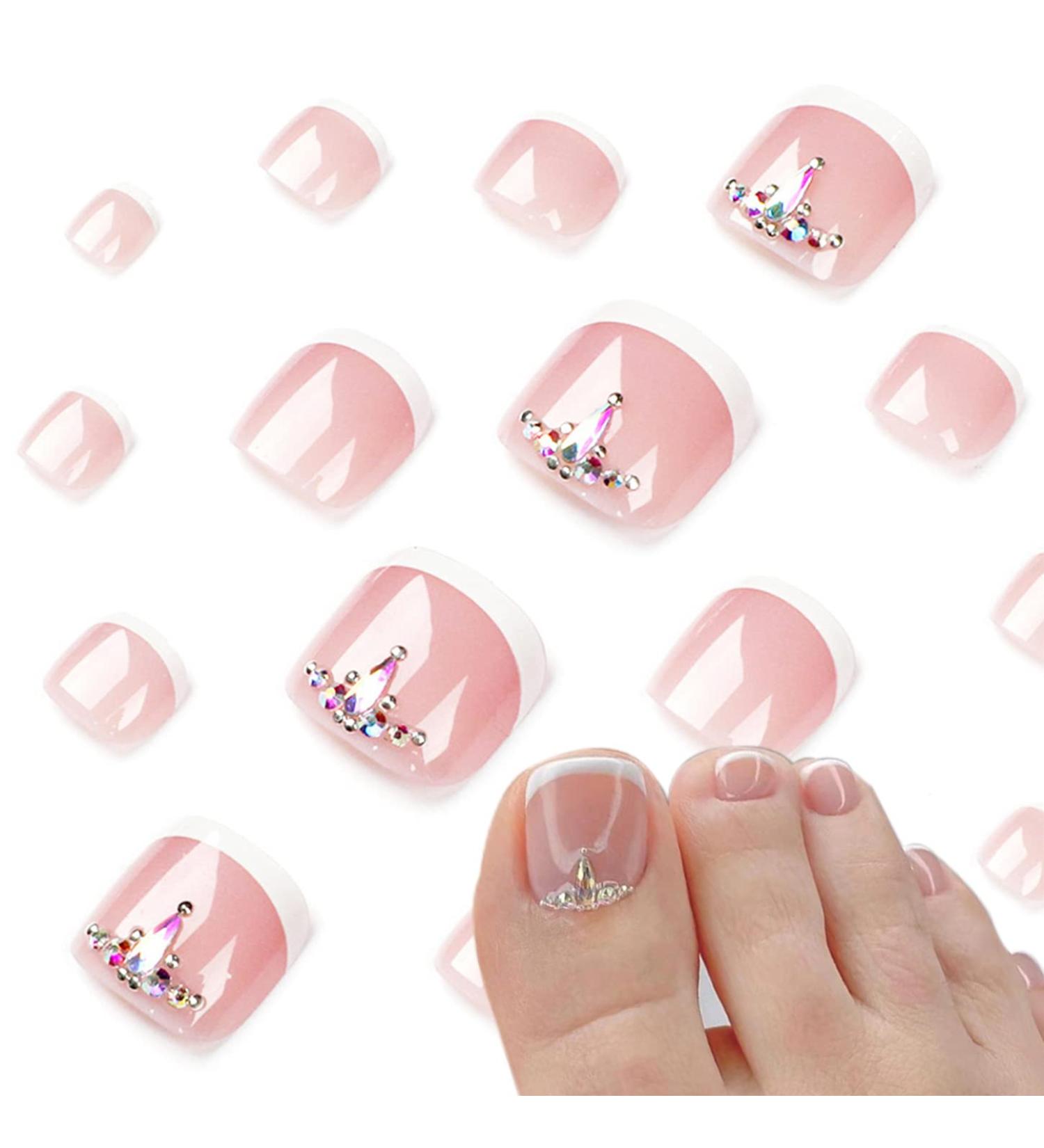 Pink Short Square Fake Toenails with Rhinestones - 24Pcs French False Toenails for Women & Girls - Buy Online on SooperMarket.com