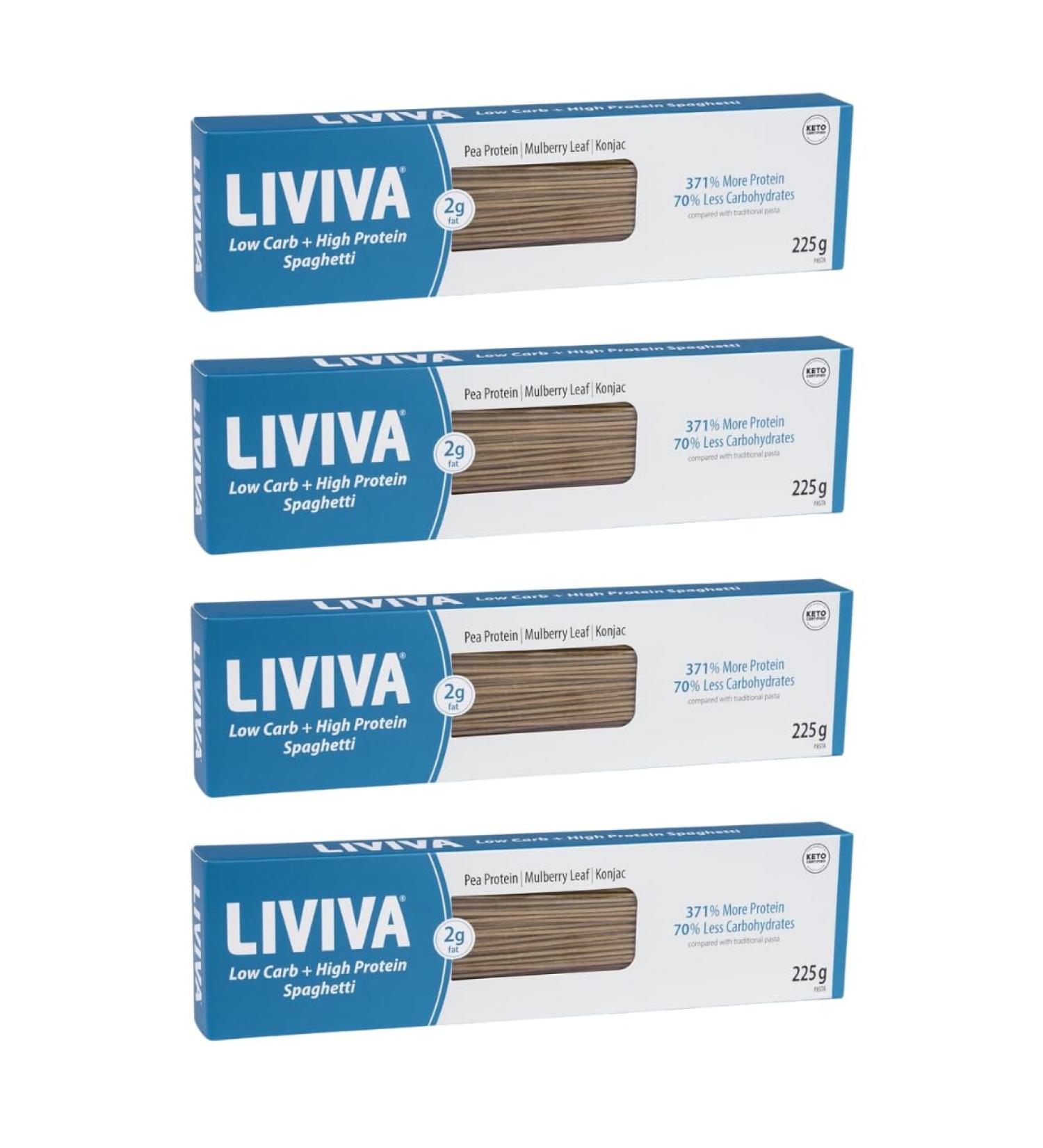 LIVIVA Low Carb High Protein KETO Spaghetti Pasta - 27g of Protein 8g Net Carbs Diabetic-Friendly - Made with Pea Protein Mulberry Leaf and Konjac (Pack of 4) 225g (Pack of 4) - Buy Online on SooperMarket.com