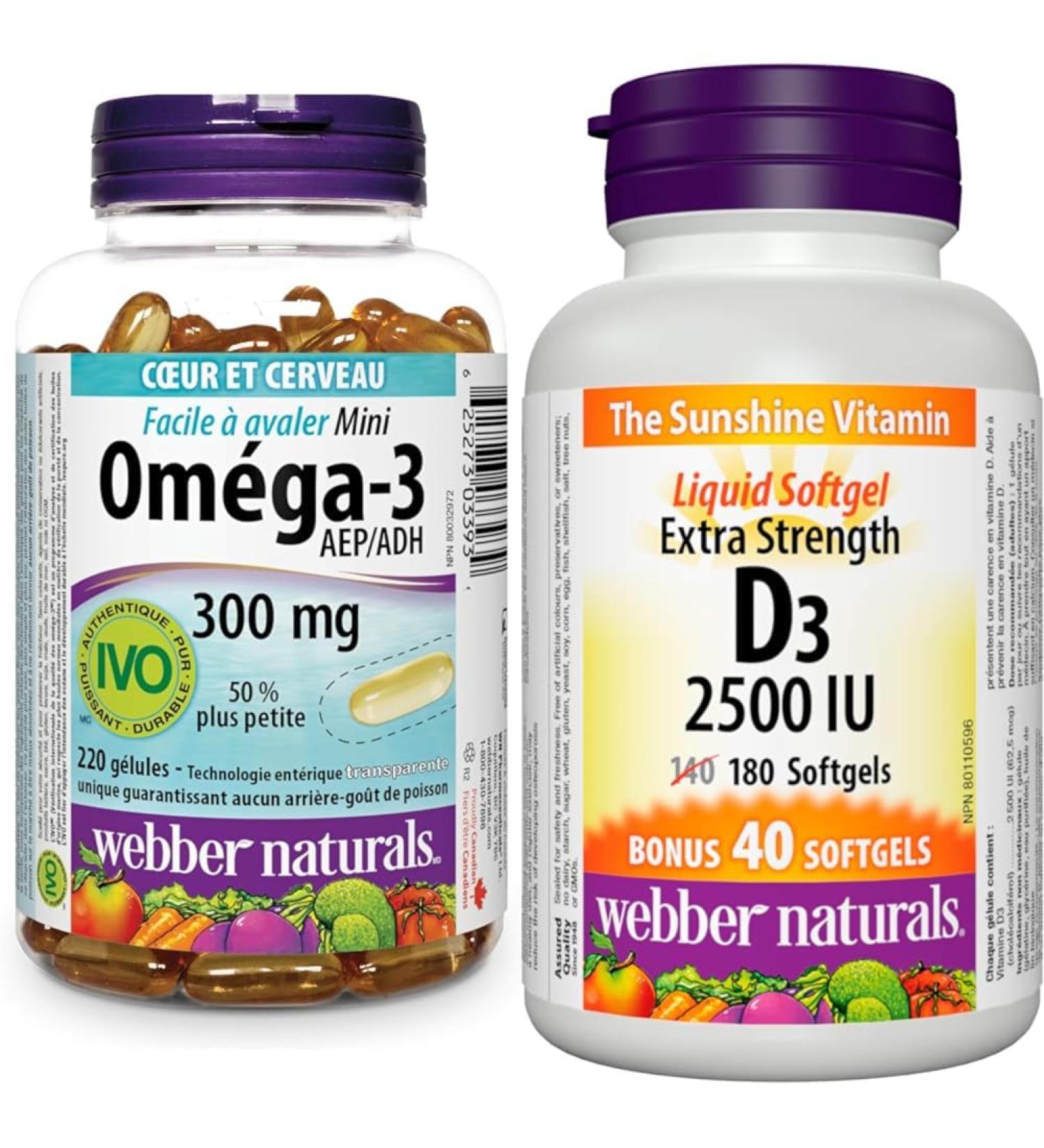 Webber Naturals Omega-3 300 mg Mini 220 Clear Enteric No Fishy Aftertaste Mini Softgels & Vitamin D3 2500 IU Extra Strength 180 Softgels - Buy Online on SooperMarket.com