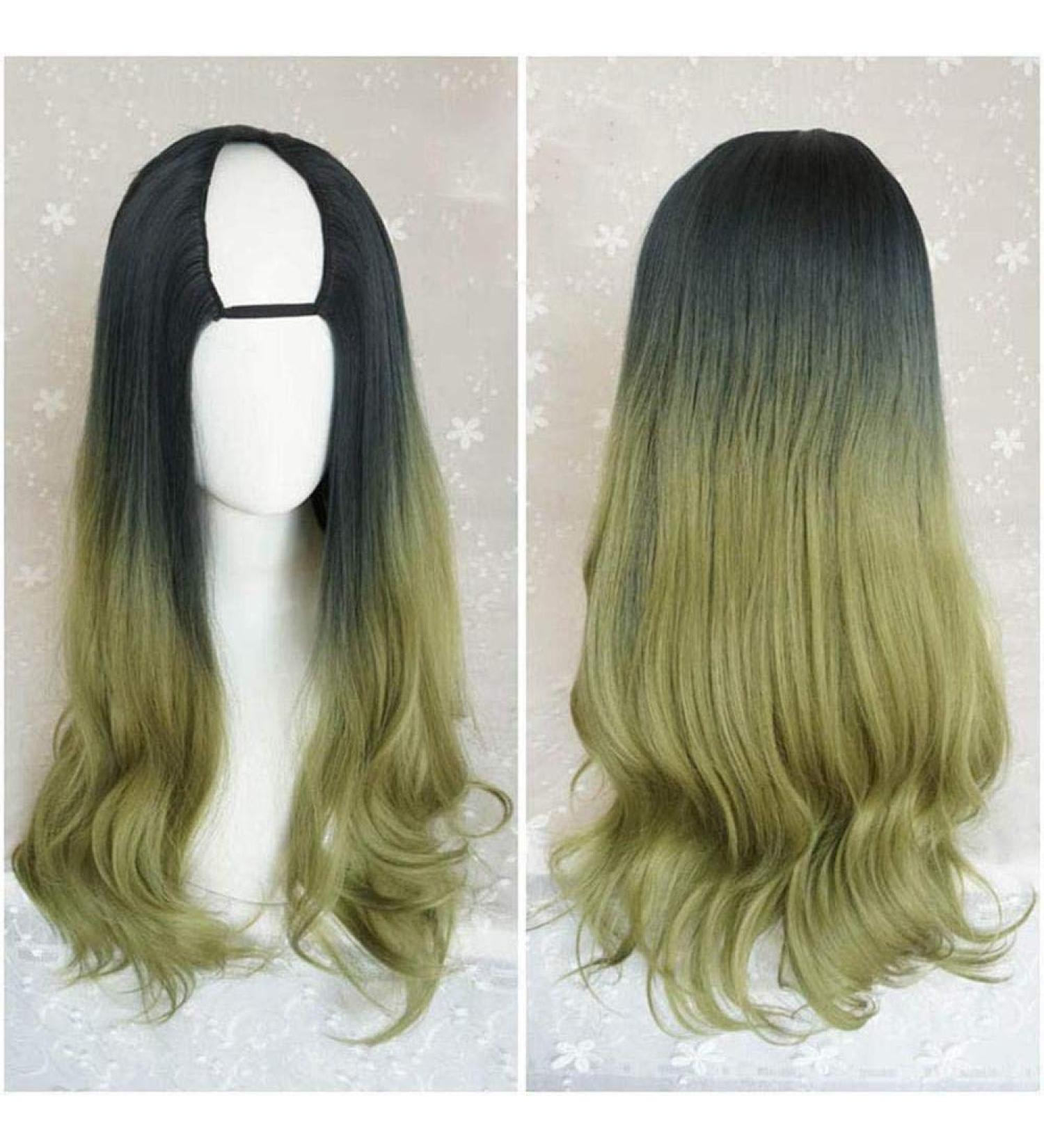 Harajuku Fashion Long Wavy Curly U Shaped Wig | Heat Resistant Synthetic Gradient Dark Roots | 28-Inch Fluffy Hair for Girls - Buy Online on SooperMarket.com