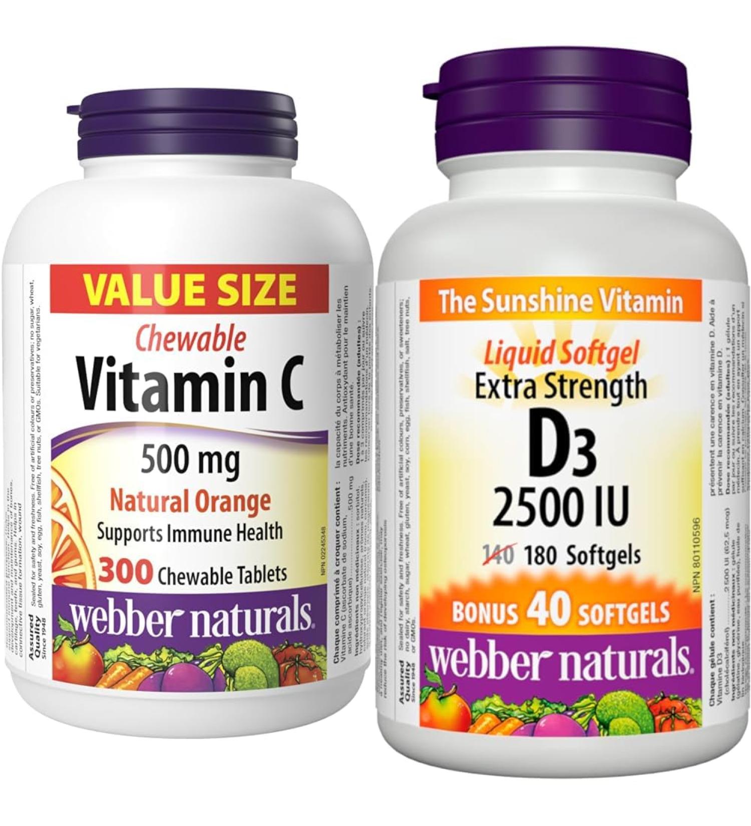 Webber Naturals Vitamin C Chewbale 500 mg 300 Orange Flavour Tablets For Bones Teeth & Vitamin D3 2500 IU Extra Strength 180 Softgels For Healthy Bones Teeth - Buy Online on SooperMarket.com