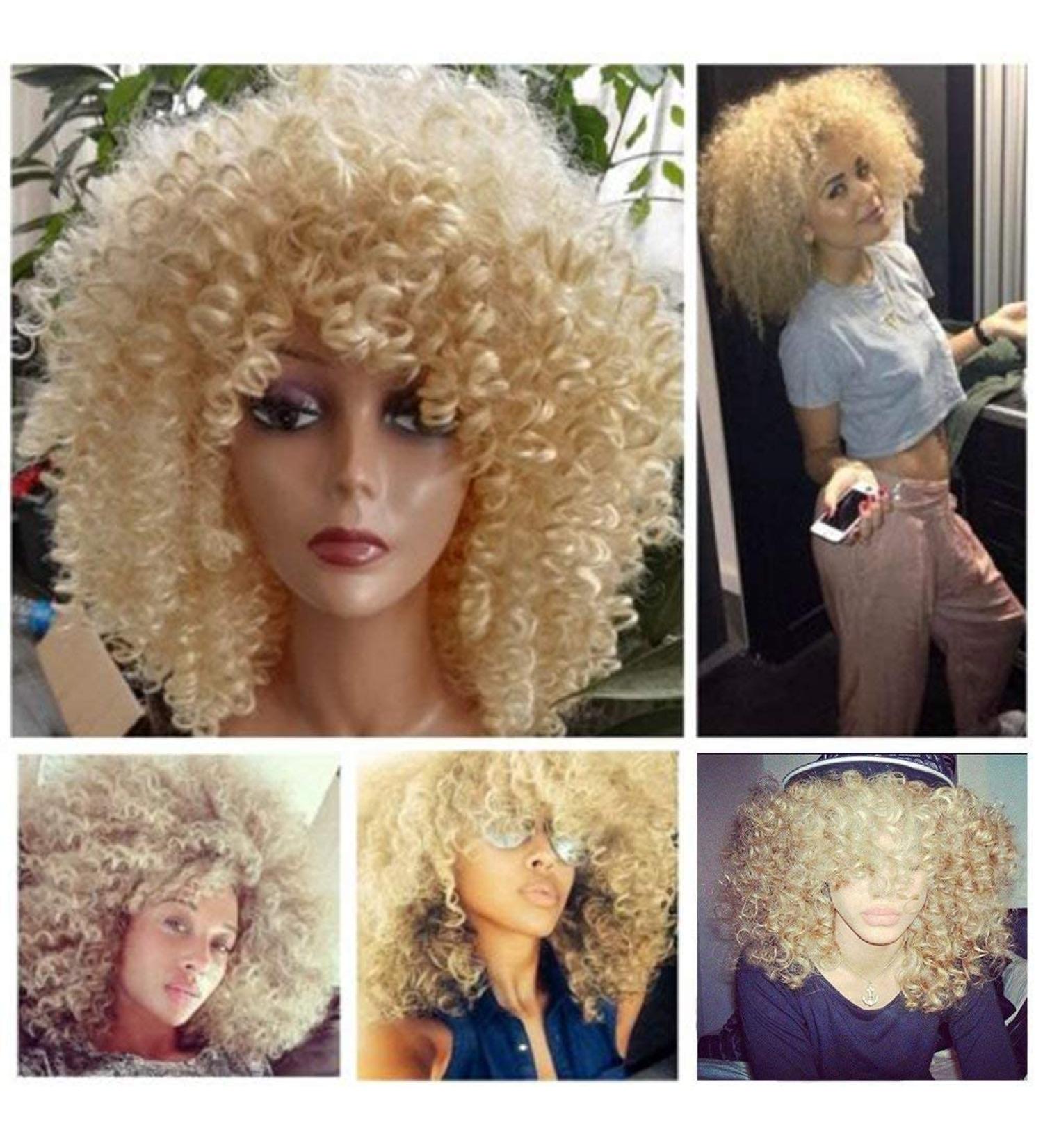 Lady Miranda Blonde Afro Kinky Curly Wig with Bangs | Medium Length Heat Resistant Synthetic Hair Wig for Women | Curly Blonde Wig 0-613 - Buy Online on SooperMarket.com