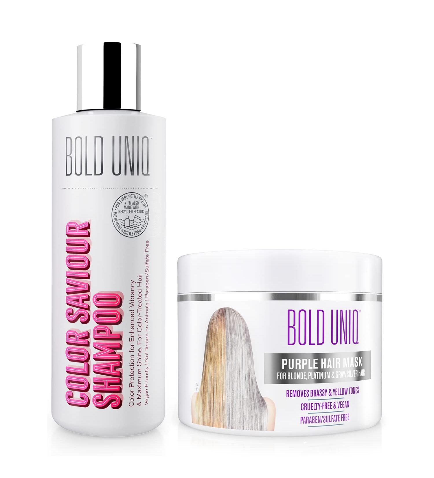 BOLD UNIQ Purple Hair Mask & Color Shampoo Bundle - Remove Yellow Tones, Condition Dry Hair - for Blonde, Platinum, Bleached, Silver, Gray, Ash Hair - Cruelty Free & Vegan - Buy Online on SooperMarket.com