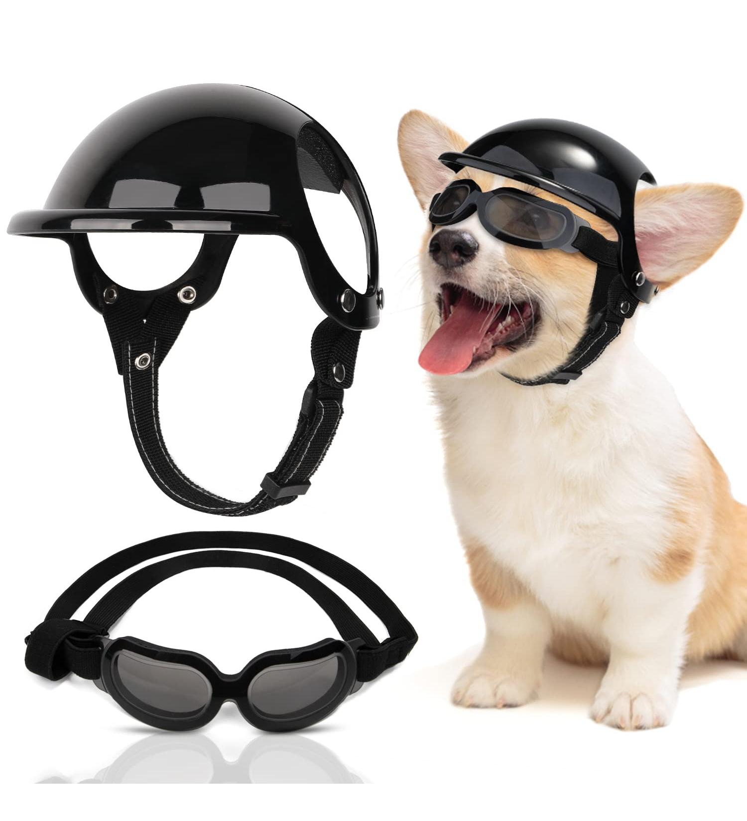 SlowTon Small Dog Helmet & Goggles Set - UV Protection Dog Sunglasses & Motorcycle Helmet for Safety Riding, Adjustable Belt & Ear Holes - Black - Buy Online on SooperMarket.com