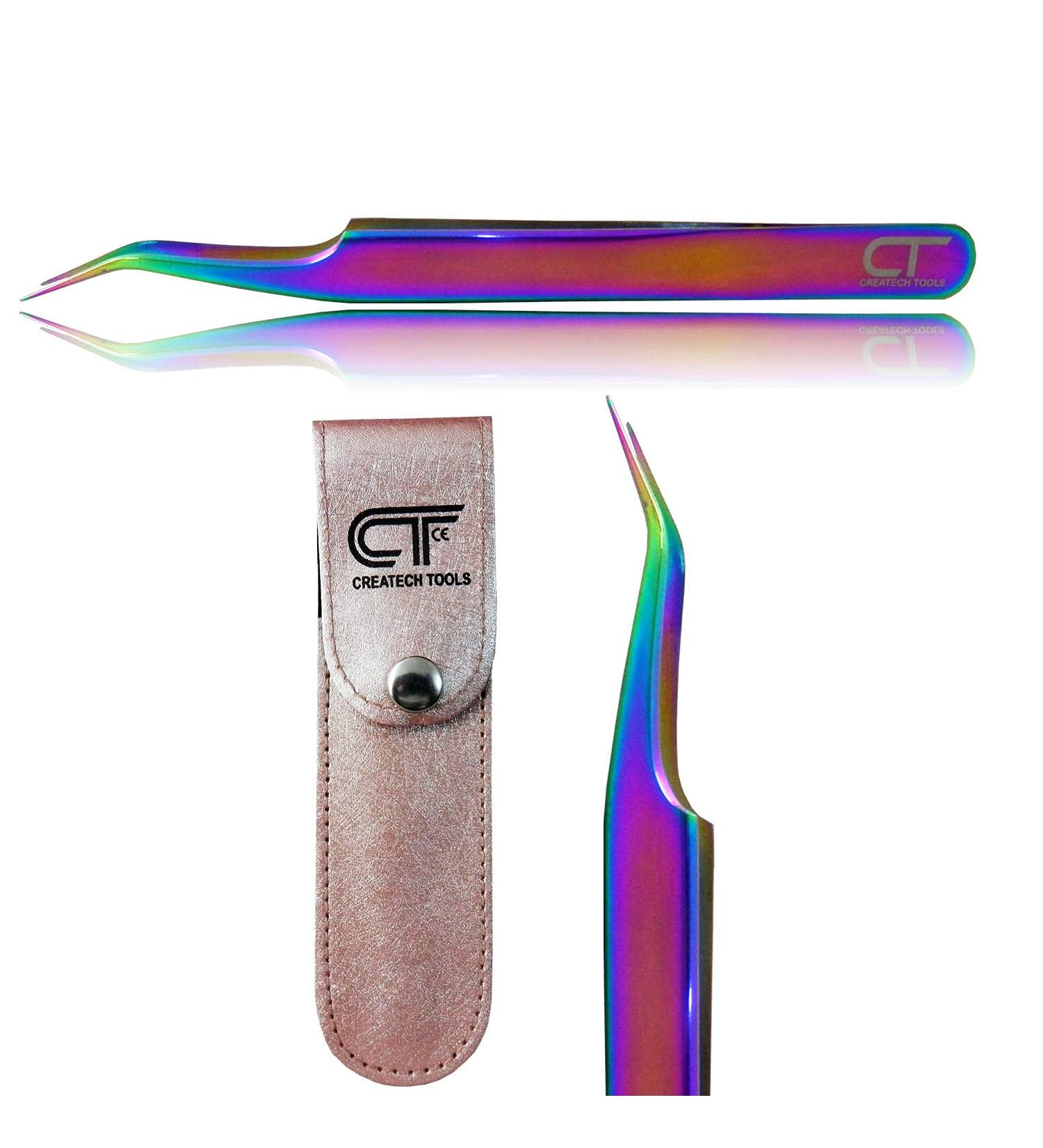 CT Eyelash Tweezers Lash Tweezers for Extensions Straight Curved Individual Russian Volume Isolation Stainless Steel Rainbow Set (Long Tip)