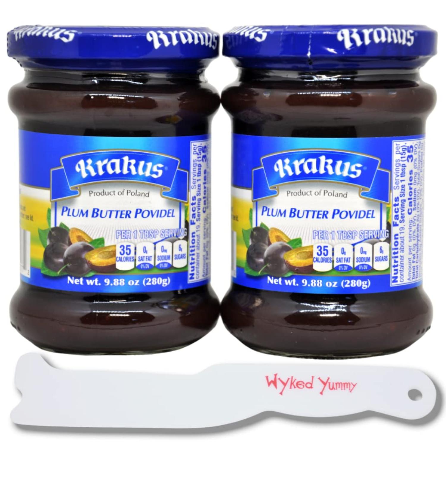 Wyked Yummy Fruit Butter Bundle - 2 Jars of Krakus Plum Butter Povidel (9.88 oz each) with Spreader Knife and Jar Scraper - Buy Online on SooperMarket.com