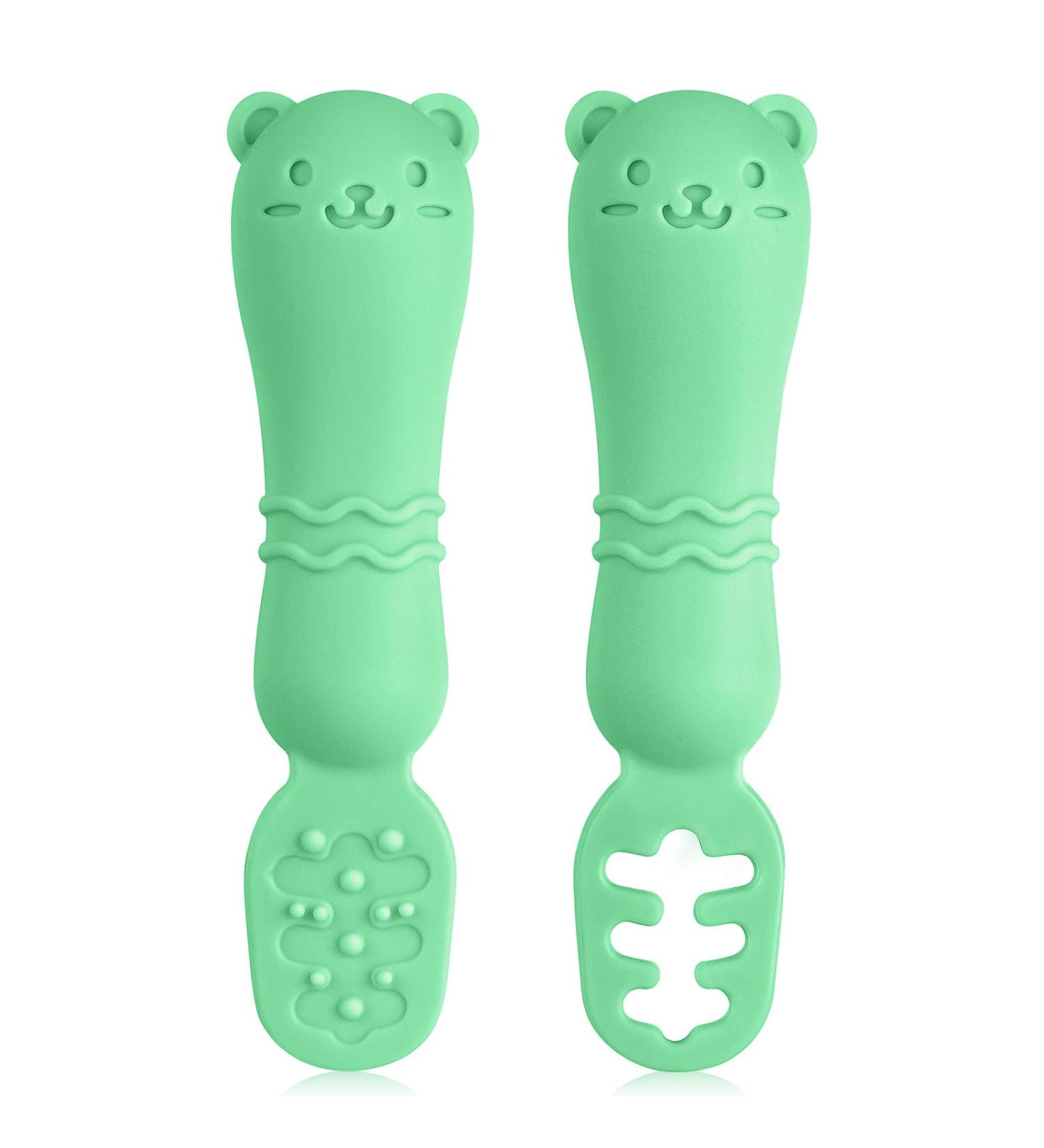 Vicloon Baby Fork and Spoon Set - 2Pcs Silicone Weaning Utensils for Self Feeding, Easy Grip Toddler Cutlery Kit - Soft Infant Spoon in Green - Buy Online on SooperMarket.com