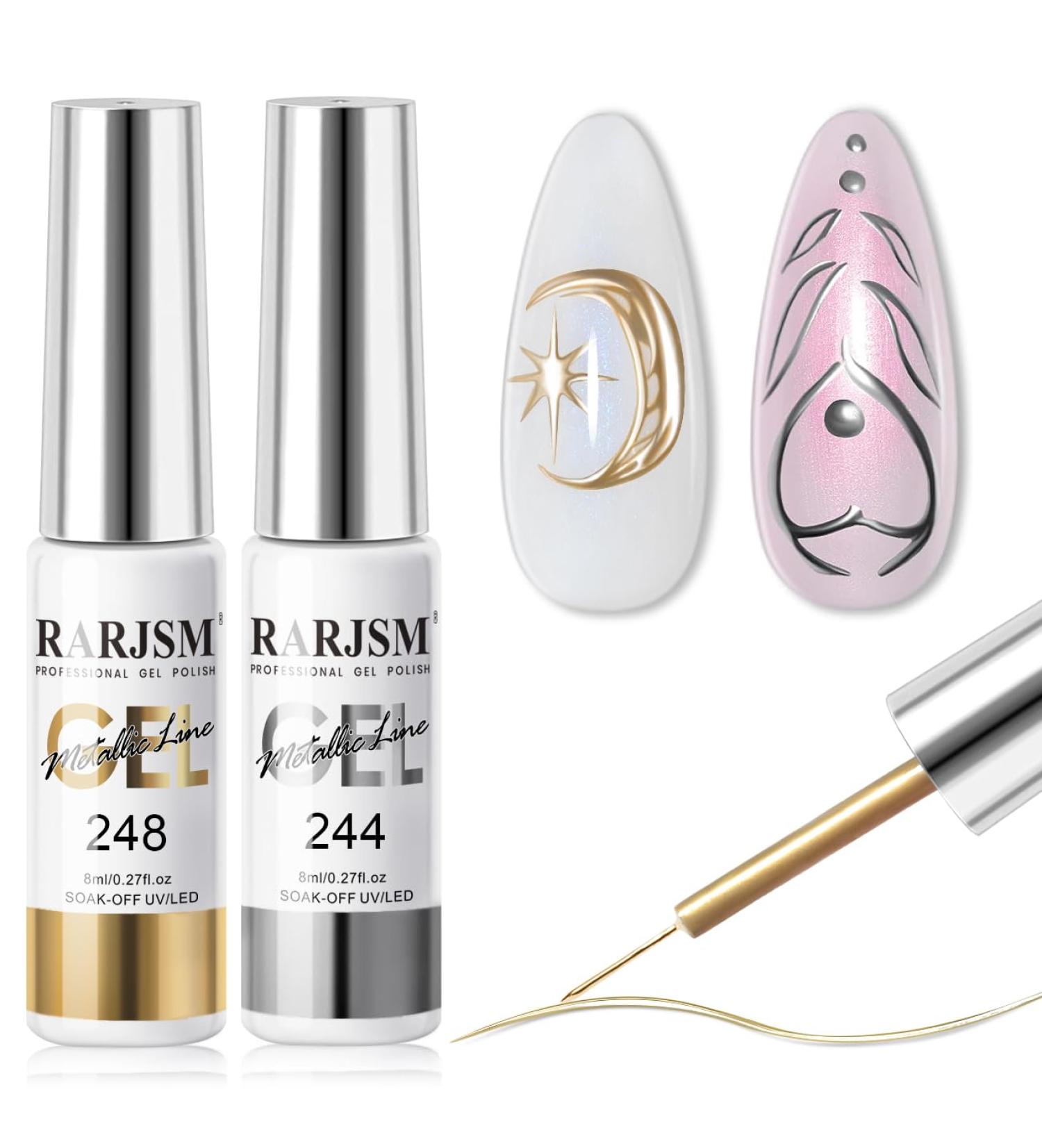 RARJSM Metallic Gel Liner Nail Art Set - Silver Bronze & Gold - 3D Mirror Chrome Effect - 8ml Gel Polish with Thin Brush for Home Salon - Curing Required - Buy Online on SooperMarket.com