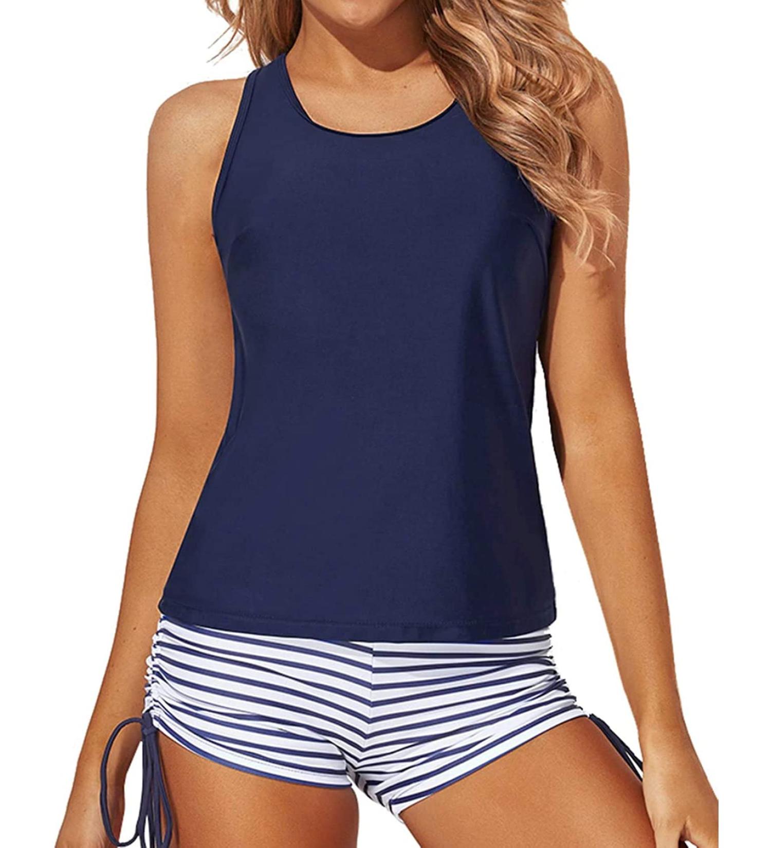 Yonique 3 Piece Tankini Swimsuit Set - Blue/White, Large | Women's Swim Tank Top with Boy Shorts and Bra | Athletic Swimwear - Buy Online on SooperMarket.com