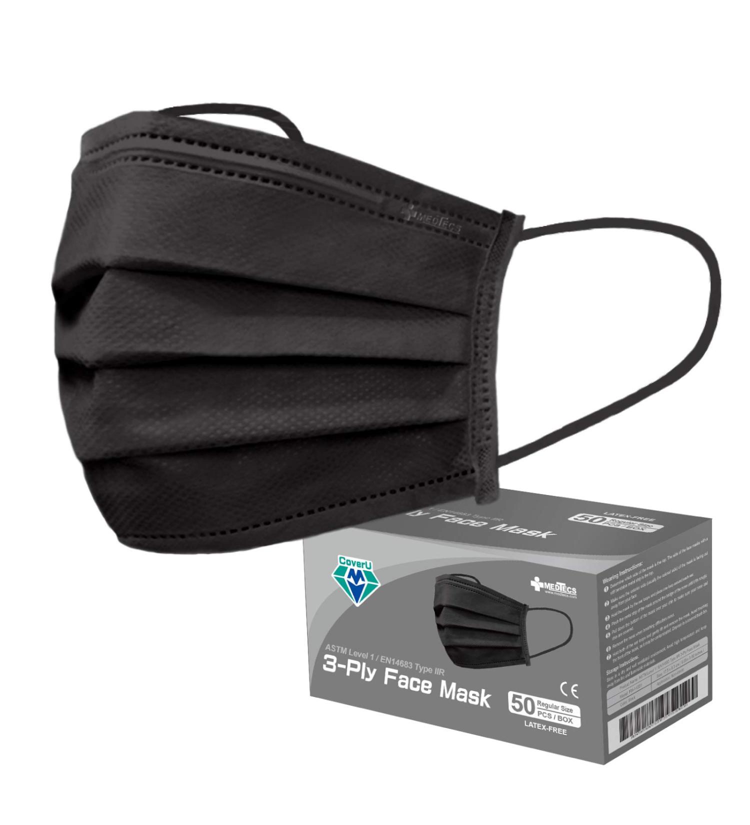 Medtecs Disposable Face Mask - 50/2000 PCS - 3 Layer Breathable Protection - CoverU Adult Mask - Black 50 PCS - Buy Online on SooperMarket.com