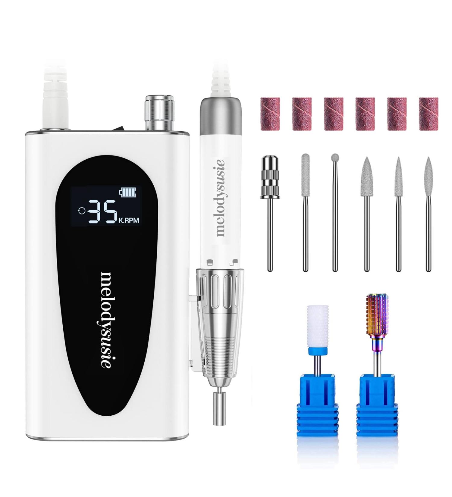 MelodySusie Rechargeable 35000RPM Nail Drill - Cordless Portable Electric File for Acrylic Gel Nails - Manicure Pedicure Tool with Low Noise & Heat - Sparkle Plus (White) - Buy Online on SooperMarket.com