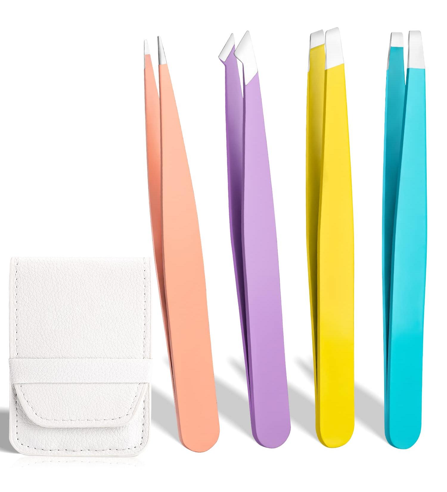 Mabox Professional Stainless Steel Tweezers Set for Men & Women - Precision Slant and Pointed Eyebrow Tweezers for Facial Hair Removal - 4 Pcs Set - Buy Online on SooperMarket.com