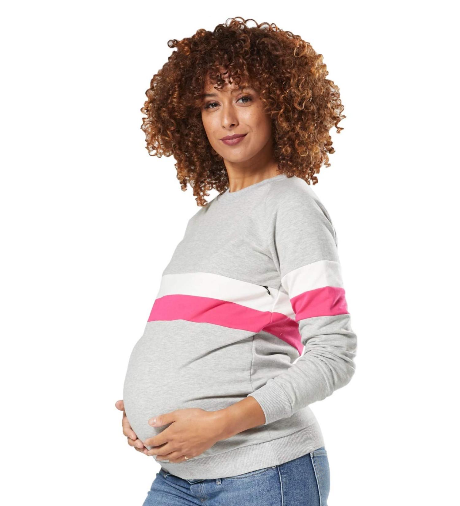 Happy Mama Women's Maternity Nursing Zipped Sweatshirt Striped Jumper 1110 - Grey Melange Size 16 - Buy Online on SooperMarket.com