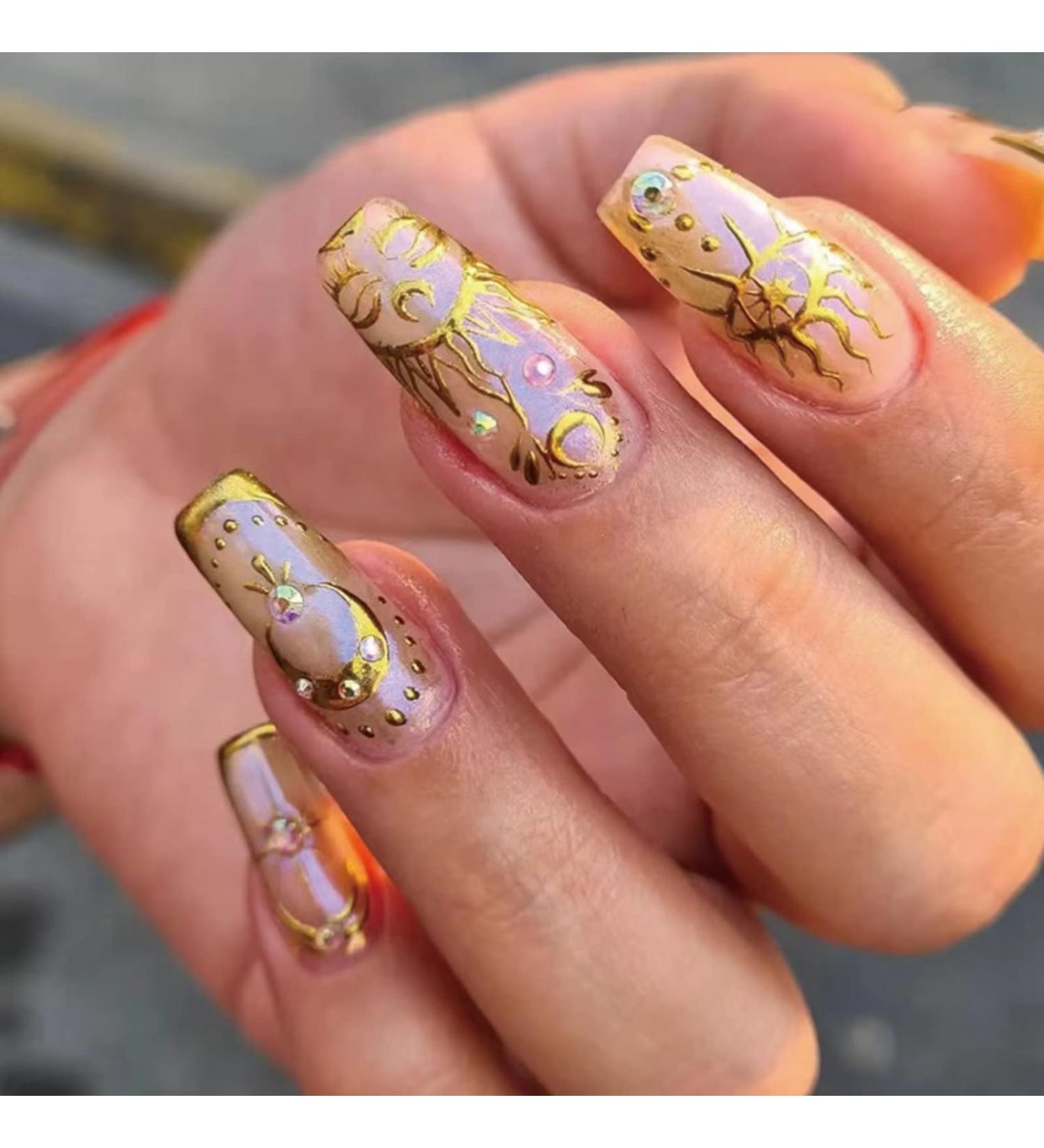 Golden Press On Nails Square Medium Coffin with Bright Sun Design - Matte Full Cover Stick On Nails for Women and Girls | RUNRAYAY - Buy Online on SooperMarket.com