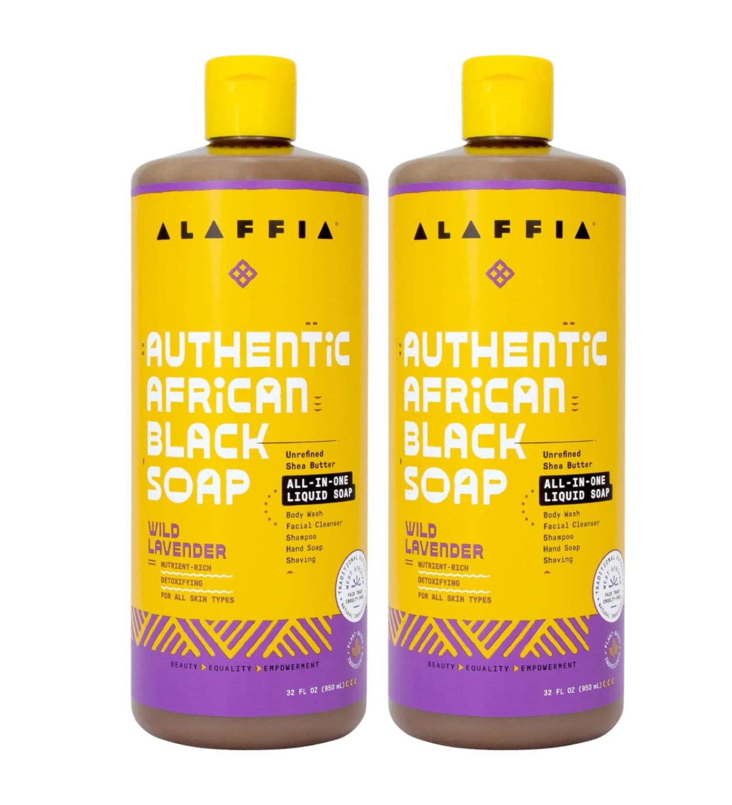 Alaffia Authentic African Black Soap 2-Pack Multi-Purpose Face & Body Wash, Shampoo, and Shaving Soap with Fair Trade Shea Butter & Wild Lavender Suitable for All Skin Types - 64 Fl Oz Total - Buy Online on SooperMarket.com