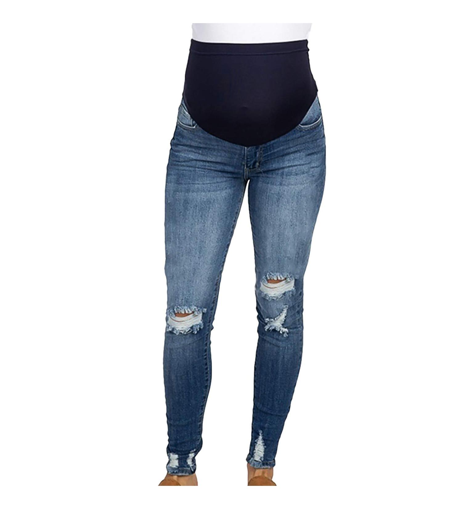 Spritumn Maternity Jeans - Solid Blue Skinny Fit Ripped Denim Leggings for Pregnant Women | Over The Bump | UK - Buy Online on SooperMarket.com