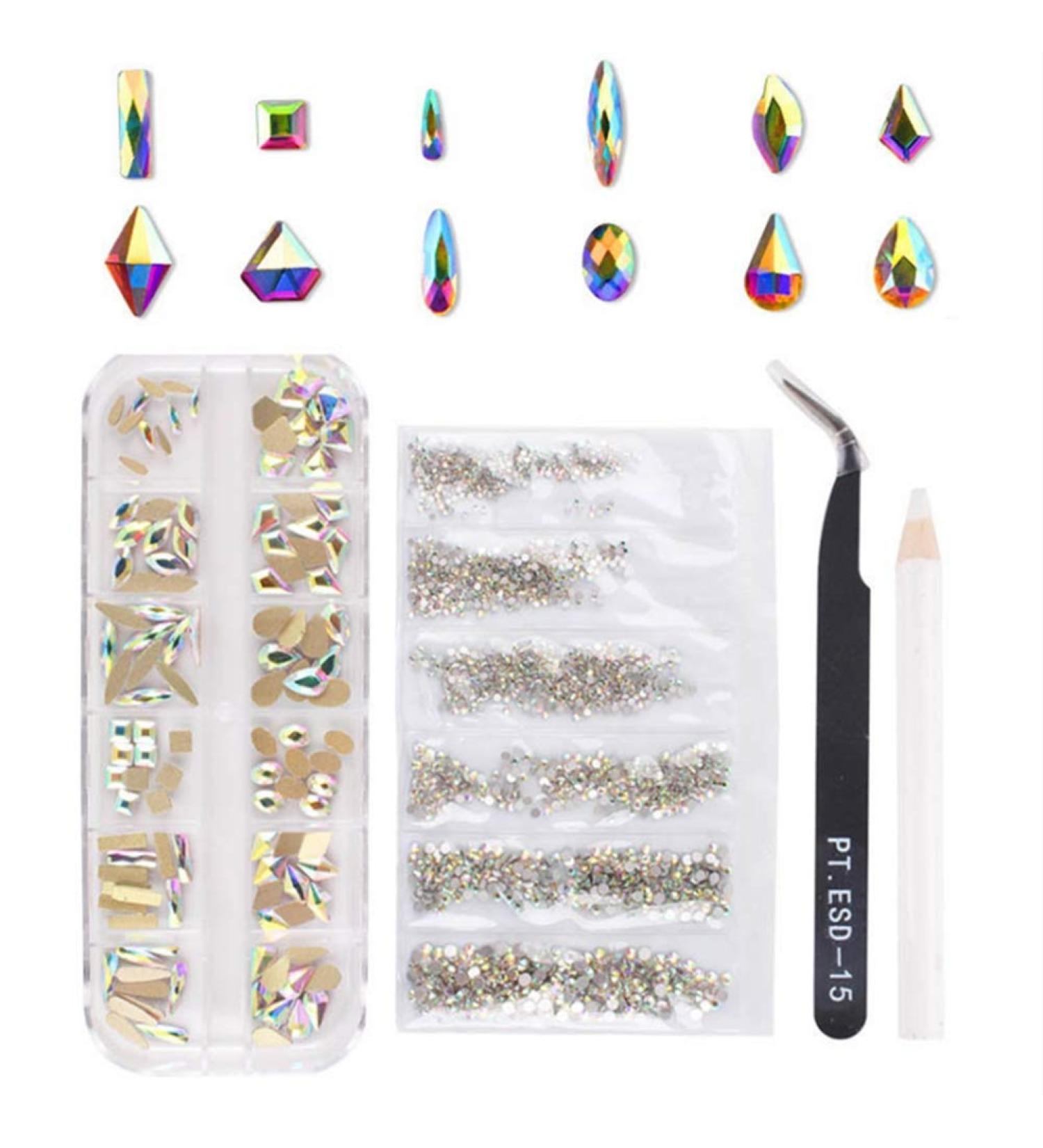 Brensty Nail Art Set Irregular Crystal Diamond Round Rhinestones Flat Bottom Curved Black Tweezer Nipper Wax Dotting Pen Tools - Buy Online on SooperMarket.com