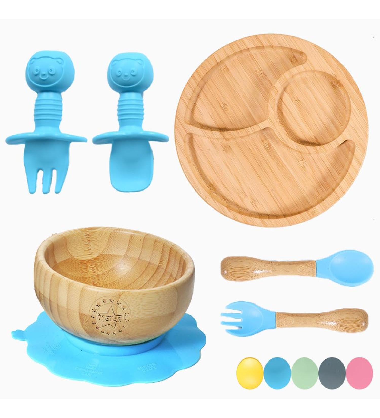 7 Star Bamboo Baby Weaning Set | Suction Bowl, Plate, Spoon & Fork | Non-Slip | Blue - Buy Online on SooperMarket.com