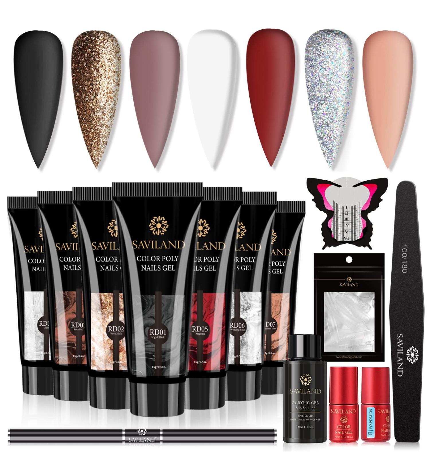 Saviland Poly Gel Nail Kit - 7 Glitter Colors with Slip Solution | Halloween Nail Art Builder Kit for Manicure Beginners | DIY Red Gold Poly Gel Nail Extension Set - Buy Online on SooperMarket.com