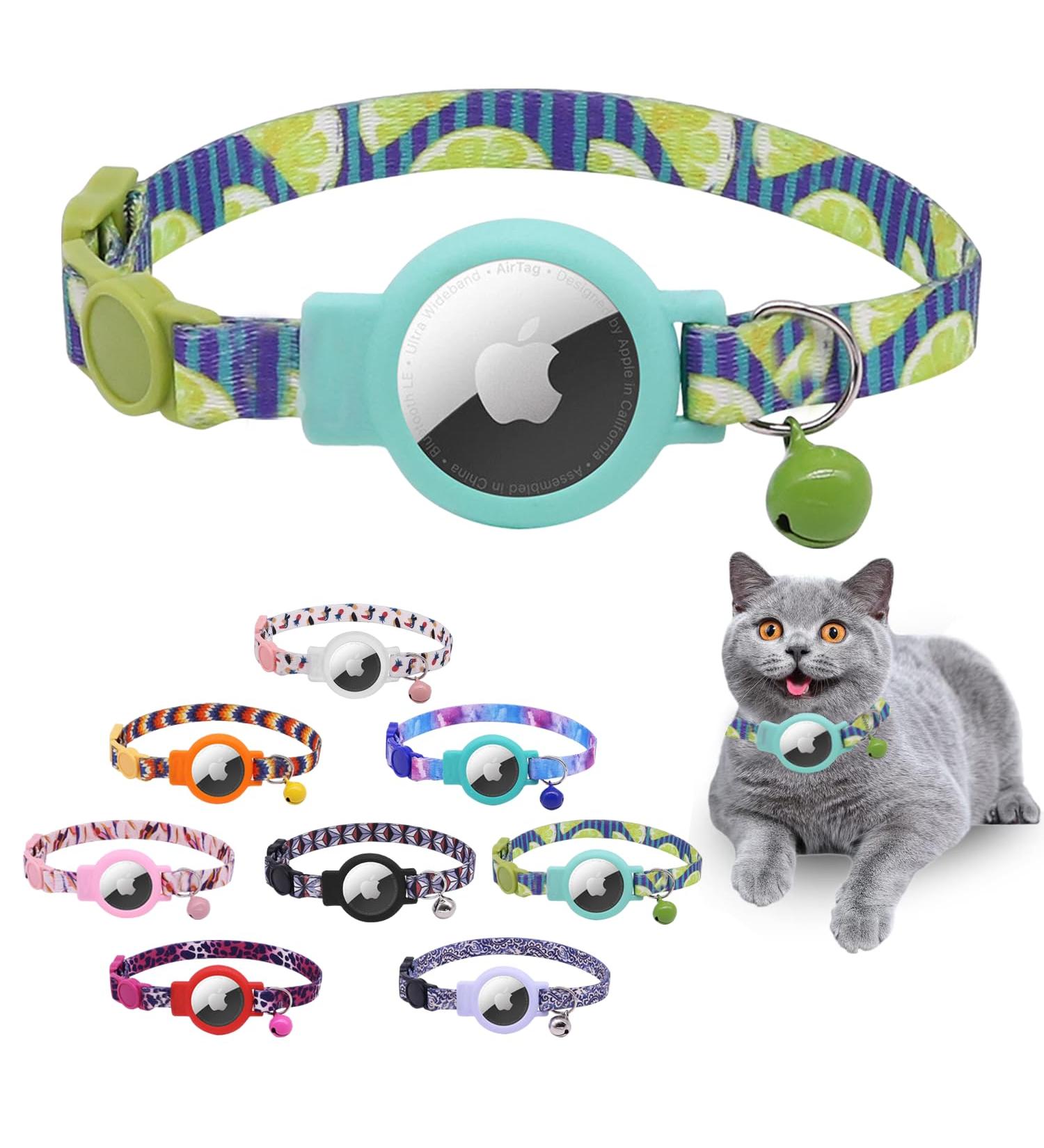 Mouyou Airtag Cat Neck Band - Adjustable Soft Nylon Collar with Bell & Safety Clasp | Blue Lemon Pattern - Fits 22-34cm - Buy Online on SooperMarket.com