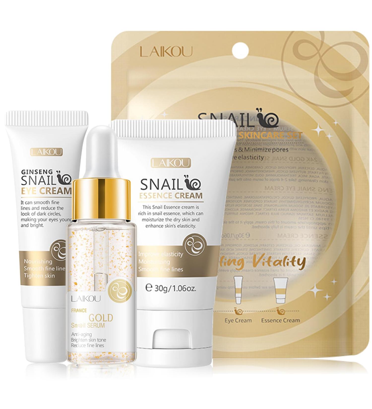 Snail Mucin Travel Skincare Set - 3 in 1 Gold Serum Eye Cream & Moisturizer | Improve Skin Elasticity & Minimize Pores | International Shipping Available - Buy Online on SooperMarket.com