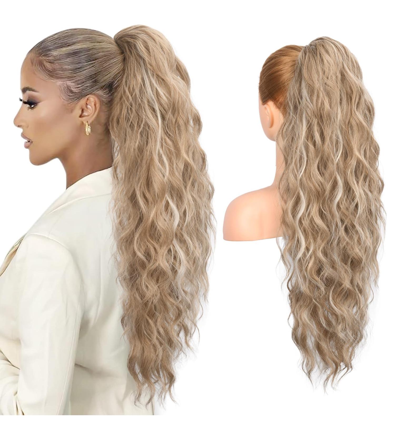 REECHO 26 Long Beach Wave Drawstring Ponytail Extension - Dark Blonde with Highlights | Synthetic Hairpiece for Women - Buy Online on SooperMarket.com