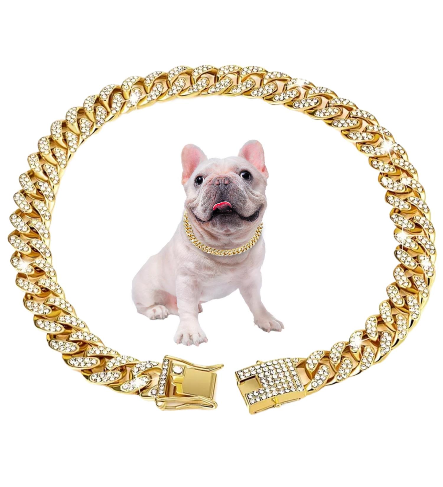 Cuban Connection Dog Collar - 17.7 Cuban Link Chain Alloy Diamond Gold Bling Jewelry for Dogs & Cats - Buy Online on SooperMarket.com